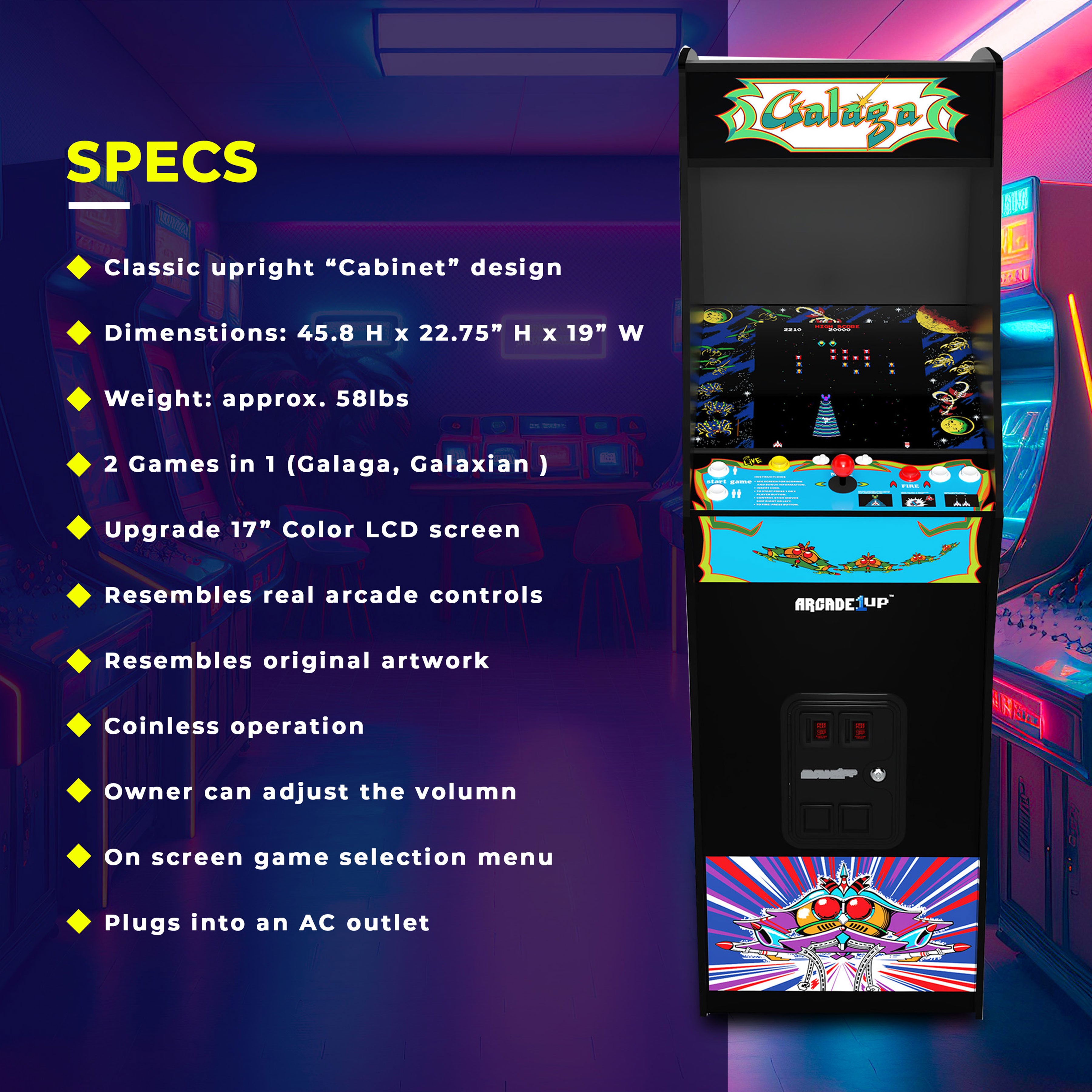 Arcade1Up GALAGA Deluxe 14 in 1 Arcade Game Machine 5-Foot Stand-Up Cabinet - Smart-nests