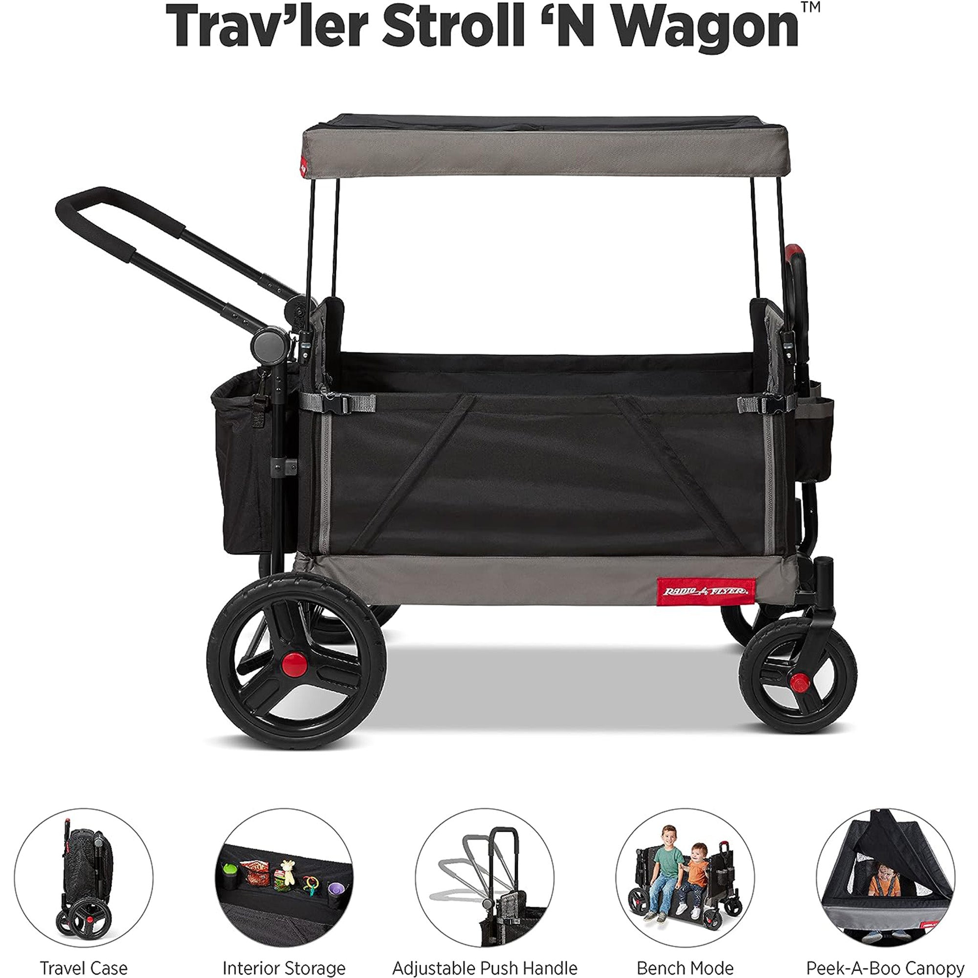 Radio Flyer Collapsible Trav’ler Stroll ‘N Wagon with Protective Cover, Black - Smart-nests
