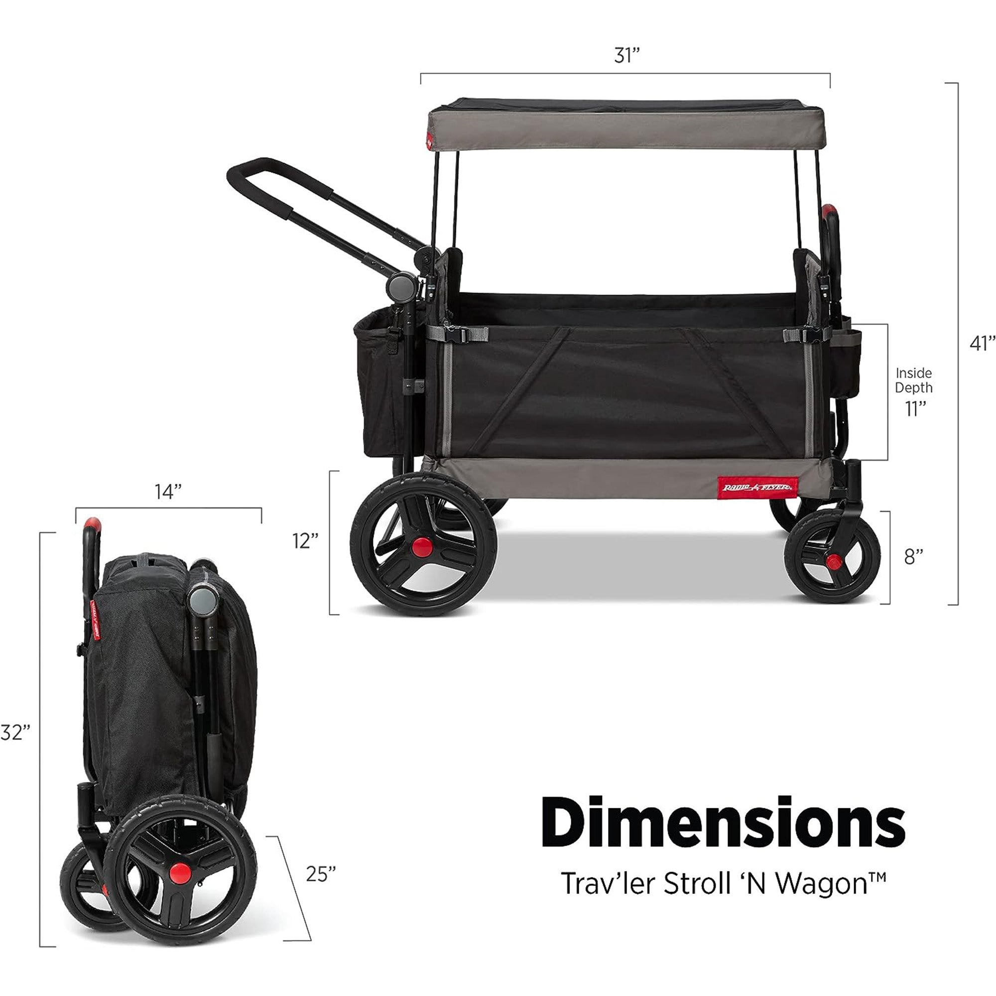 Radio Flyer Collapsible Trav’ler Stroll ‘N Wagon with Protective Cover, Black - Smart-nests