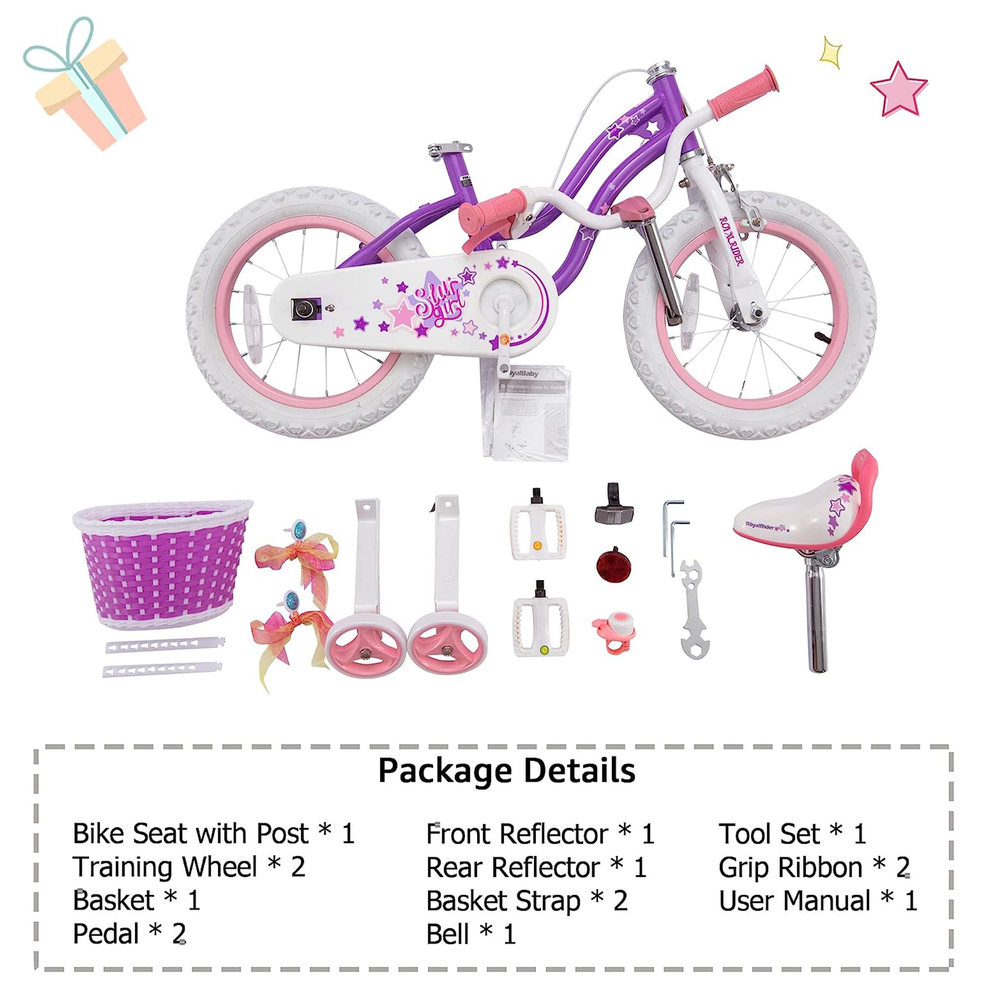 RoyalBaby Stargirl 16" Kids Bicycle with Kickstand and Training Wheels, Purple - Smart-nests