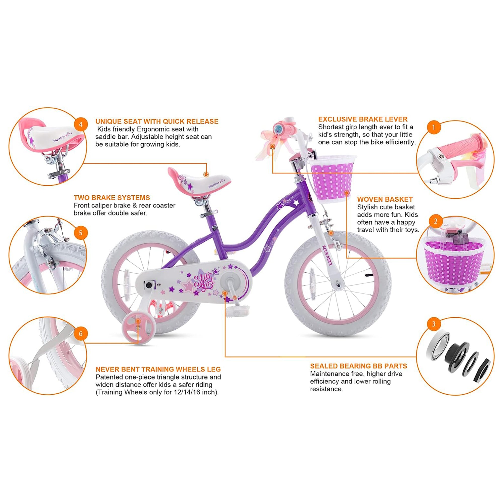 RoyalBaby Stargirl 16" Kids Bicycle with Kickstand and Training Wheels, Purple - Smart-nests