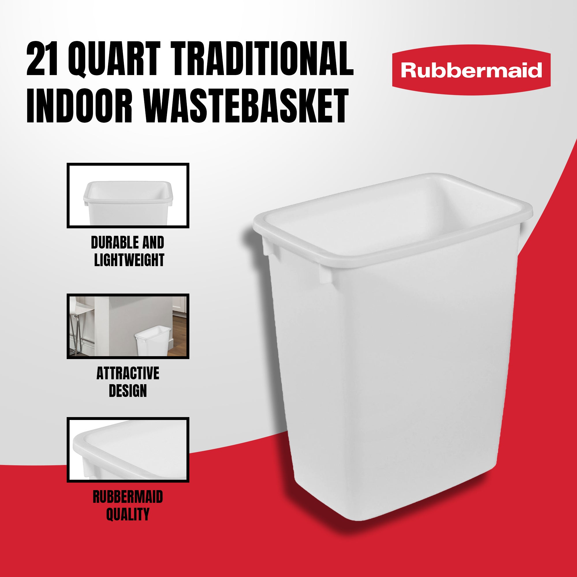 Rubbermaid 21 Qt Traditional Wastebasket Indoor Home Trash Can Container, White - Smart-nests