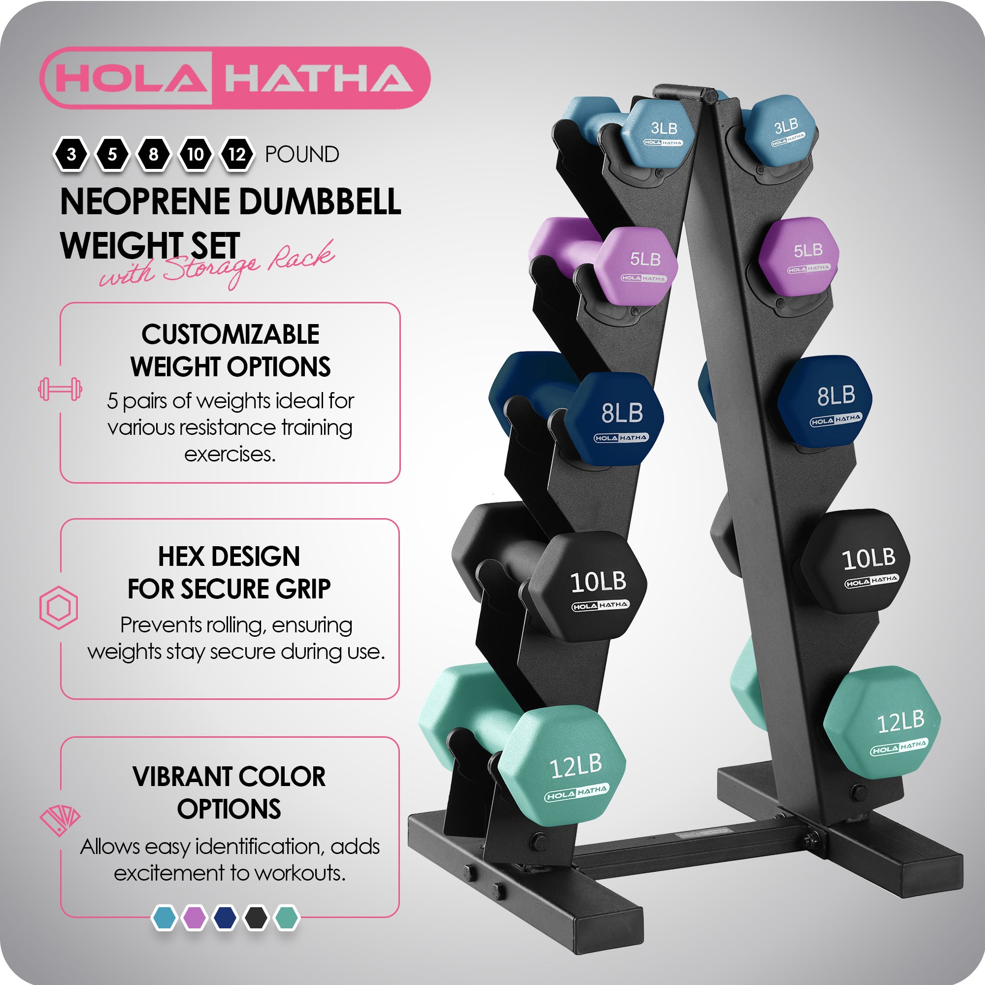 HolaHatha 3, 5, 8, 10 & 12 Pound Neoprene Dumbbell Weight Set with Storage Rack - Smart-nests