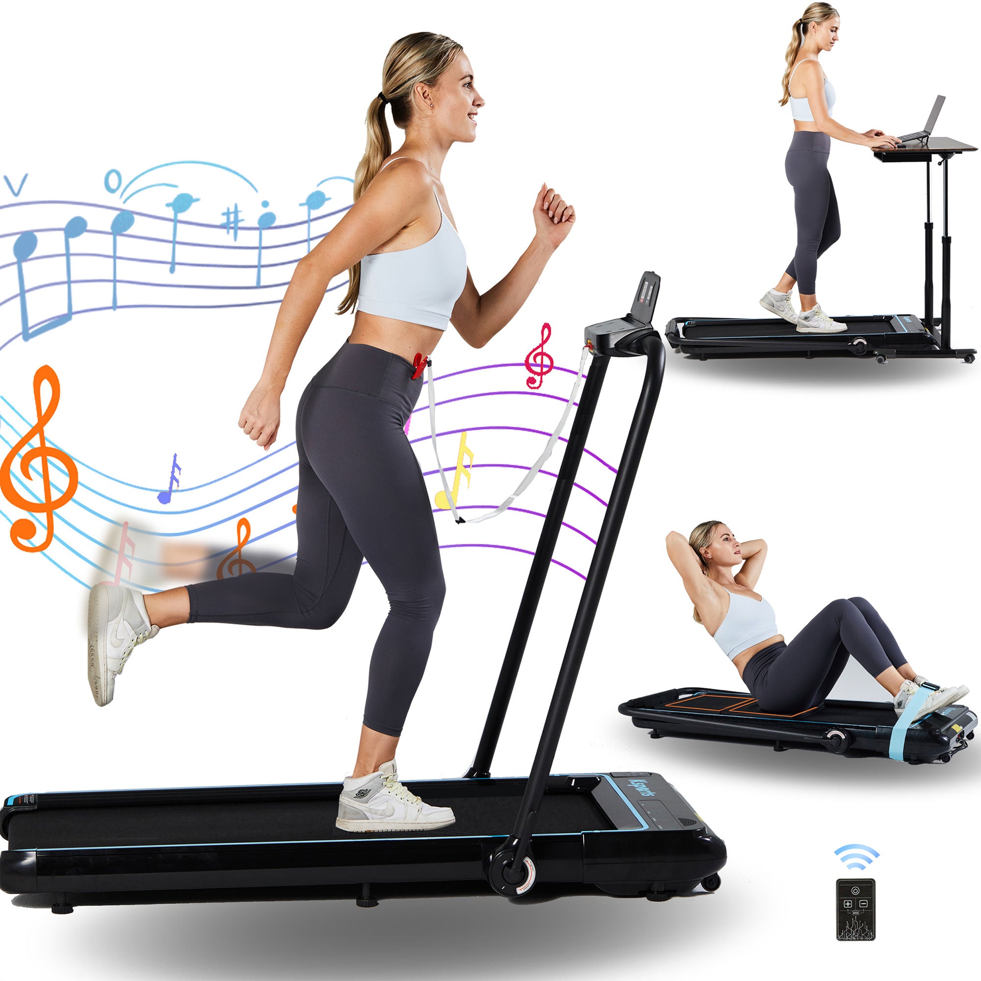 Ksports Handle and Dual Display Walking Pad Treadmill, Under Desk, 2.5HP Motor, Bluetooth App Compatibility, LED Display, Supports up to 265 lbs, Foldable with Device Holder - Smart-nests