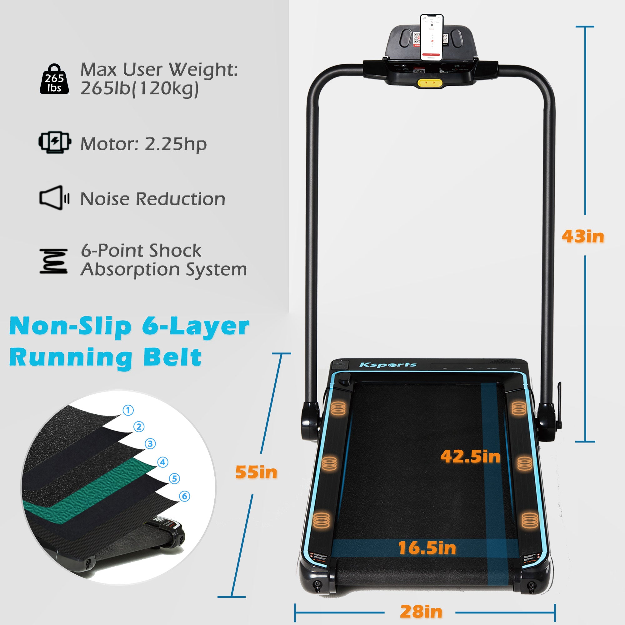 Ksports Handle and Dual Display Walking Pad Treadmill, Under Desk, 2.5HP Motor, Bluetooth App Compatibility, LED Display, Supports up to 265 lbs, Foldable with Device Holder - Smart-nests