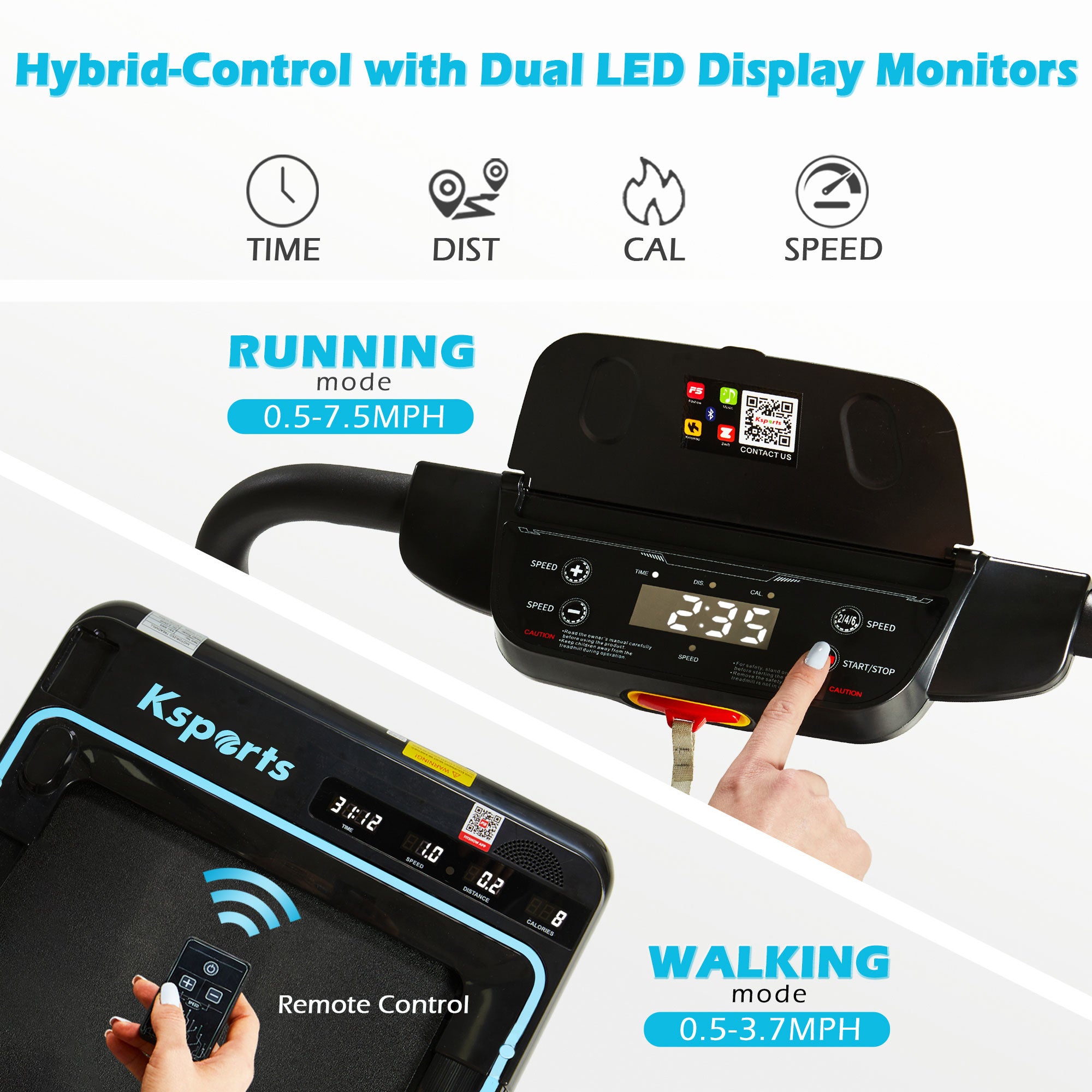 Ksports Handle and Dual Display Walking Pad Treadmill, Under Desk, 2.5HP Motor, Bluetooth App Compatibility, LED Display, Supports up to 265 lbs, Foldable with Device Holder - Smart-nests