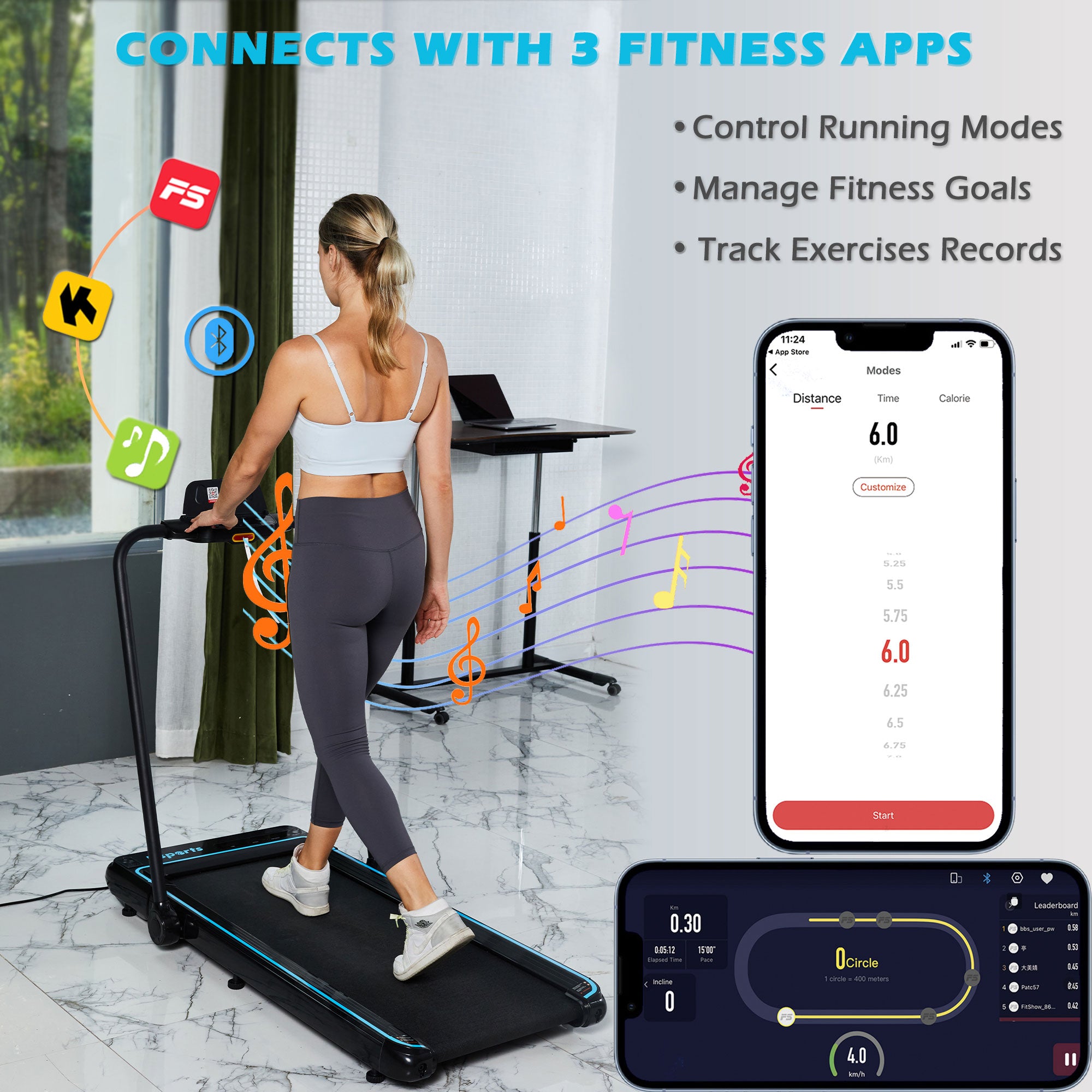 Ksports Handle and Dual Display Walking Pad Treadmill, Under Desk, 2.5HP Motor, Bluetooth App Compatibility, LED Display, Supports up to 265 lbs, Foldable with Device Holder - Smart-nests