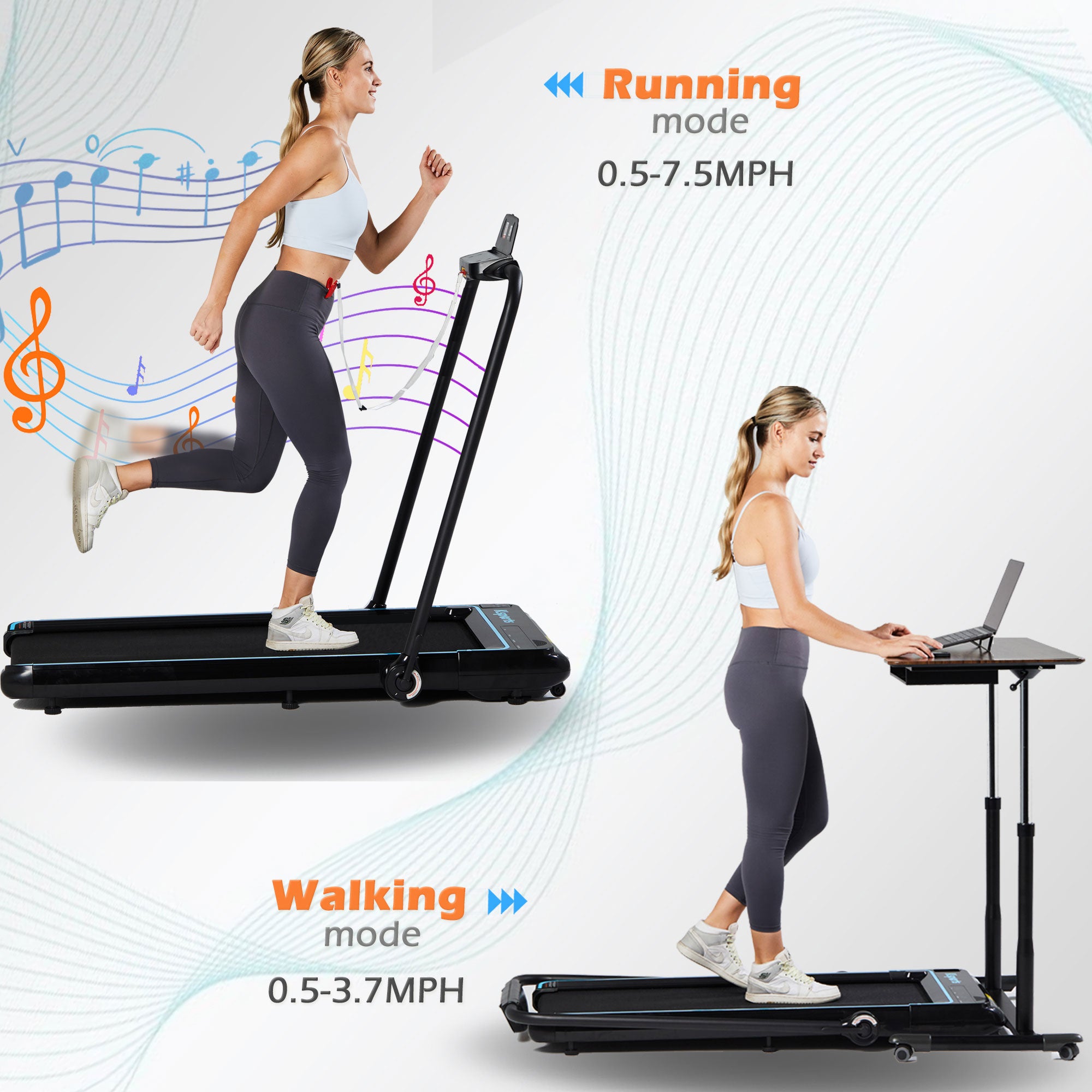 Ksports Handle and Dual Display Walking Pad Treadmill, Under Desk, 2.5HP Motor, Bluetooth App Compatibility, LED Display, Supports up to 265 lbs, Foldable with Device Holder - Smart-nests