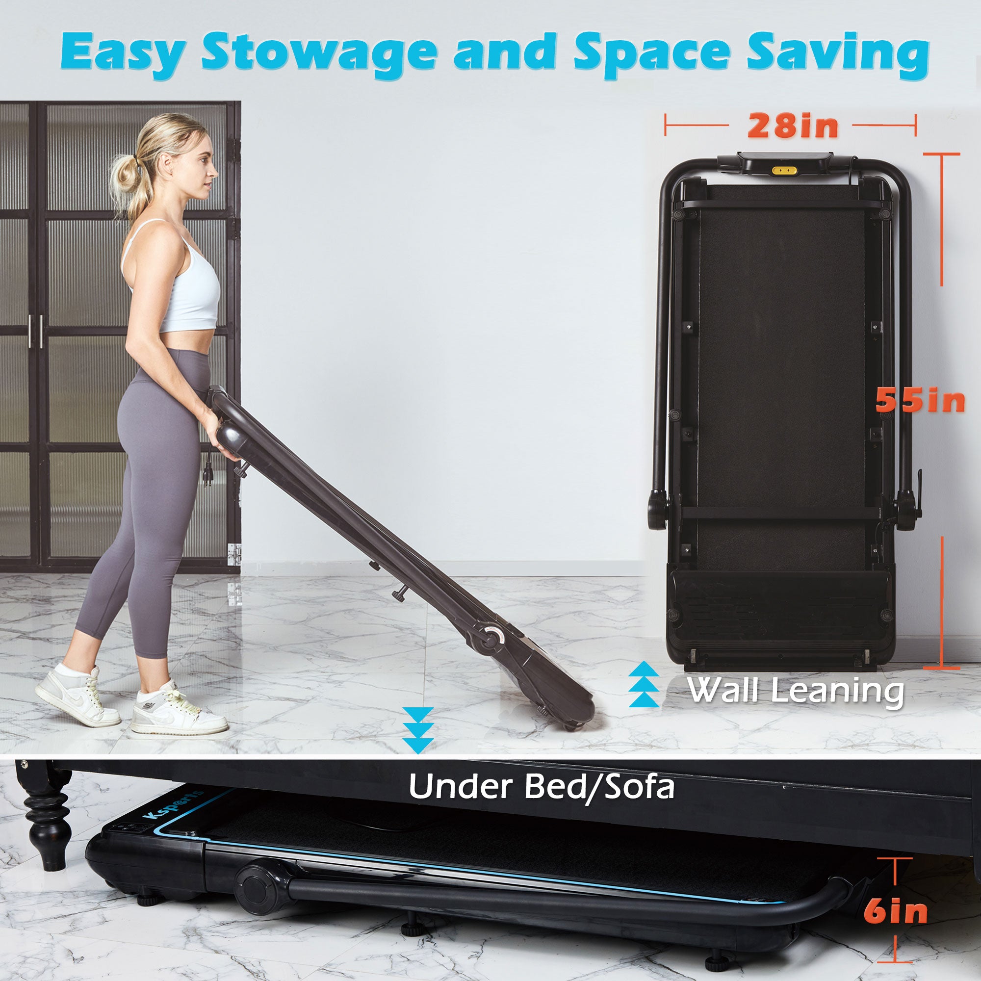 Ksports Handle and Dual Display Walking Pad Treadmill, Under Desk, 2.5HP Motor, Bluetooth App Compatibility, LED Display, Supports up to 265 lbs, Foldable with Device Holder - Smart-nests