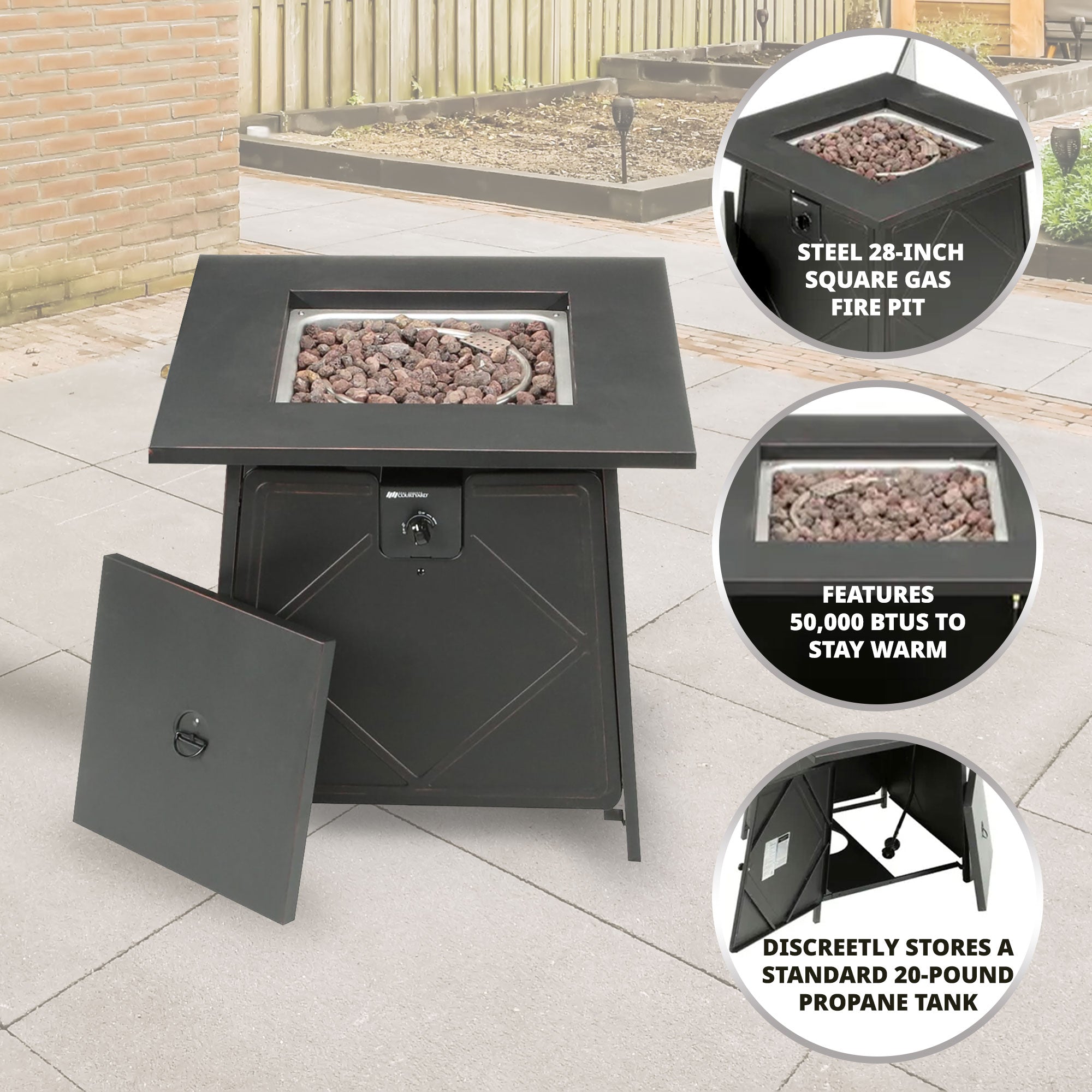 Four Seasons Courtyard Dual Heat 50,000 BTU Square Gas Tabletop Outdoor Fire Pit - Smart-nests