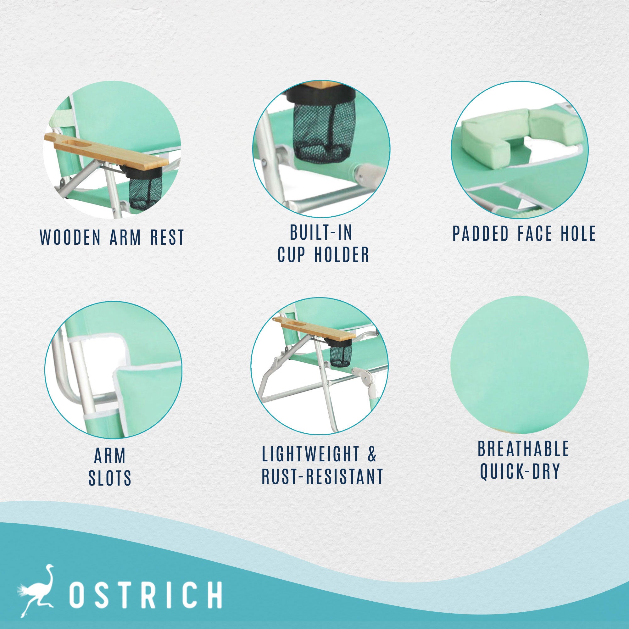 Ostrich Deluxe 3N1 Lightweight Outdoor Lawn Beach Lounge Chair w/Footrest, Teal - Smart-nests