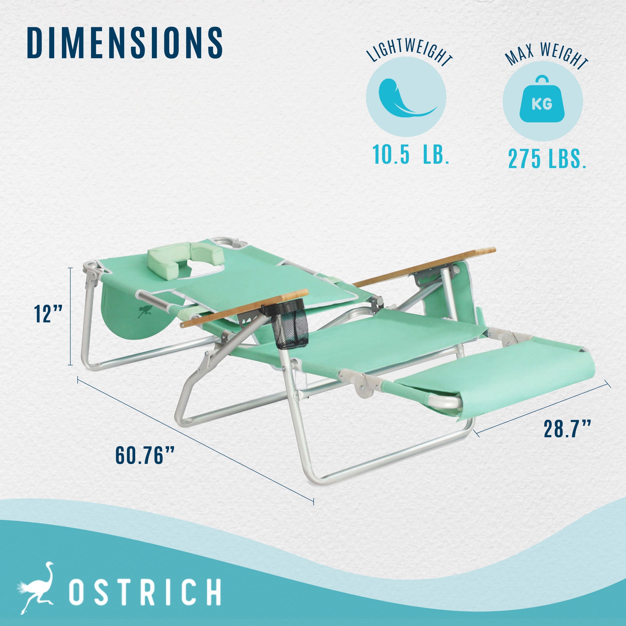 Ostrich Deluxe 3N1 Lightweight Outdoor Lawn Beach Lounge Chair w/Footrest, Teal - Smart-nests