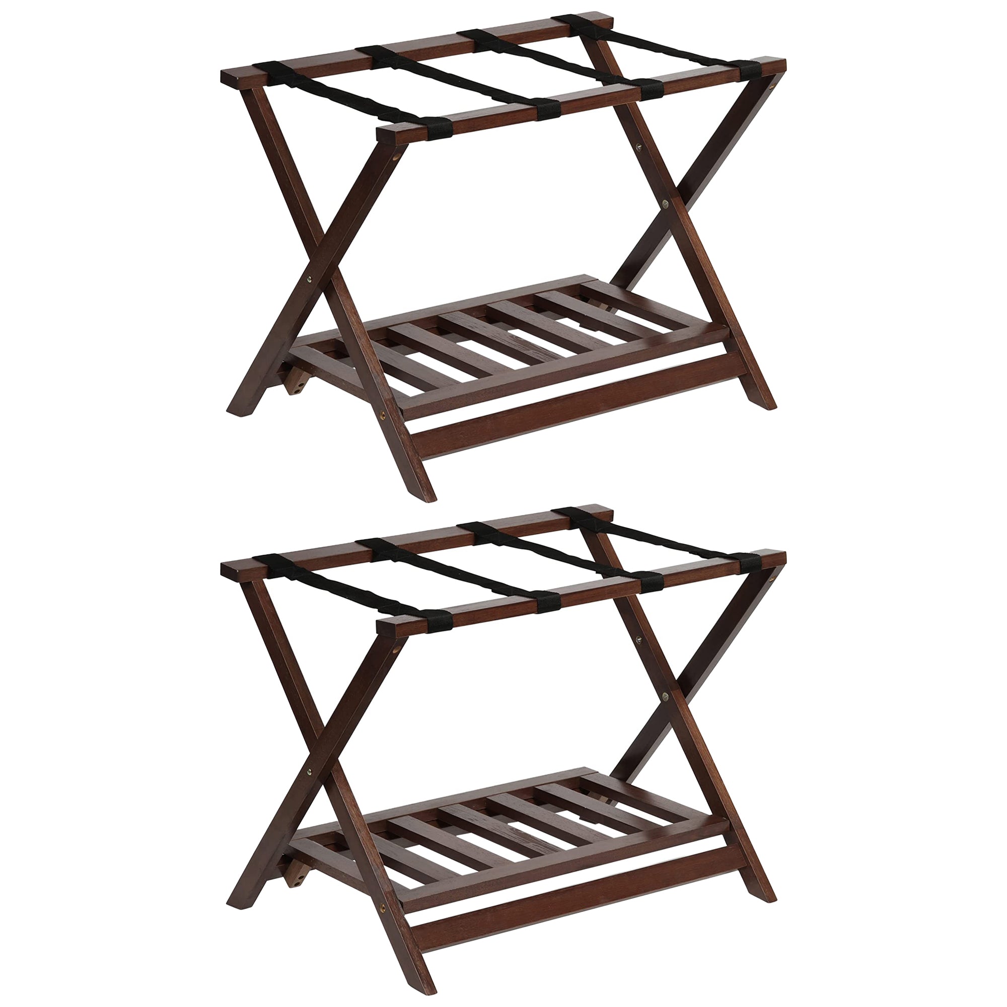 PJ Wood Hotel Style Home Folding Suitcase Luggage Rack w/Shelf, Walnut (2 Pack) - Smart-nests