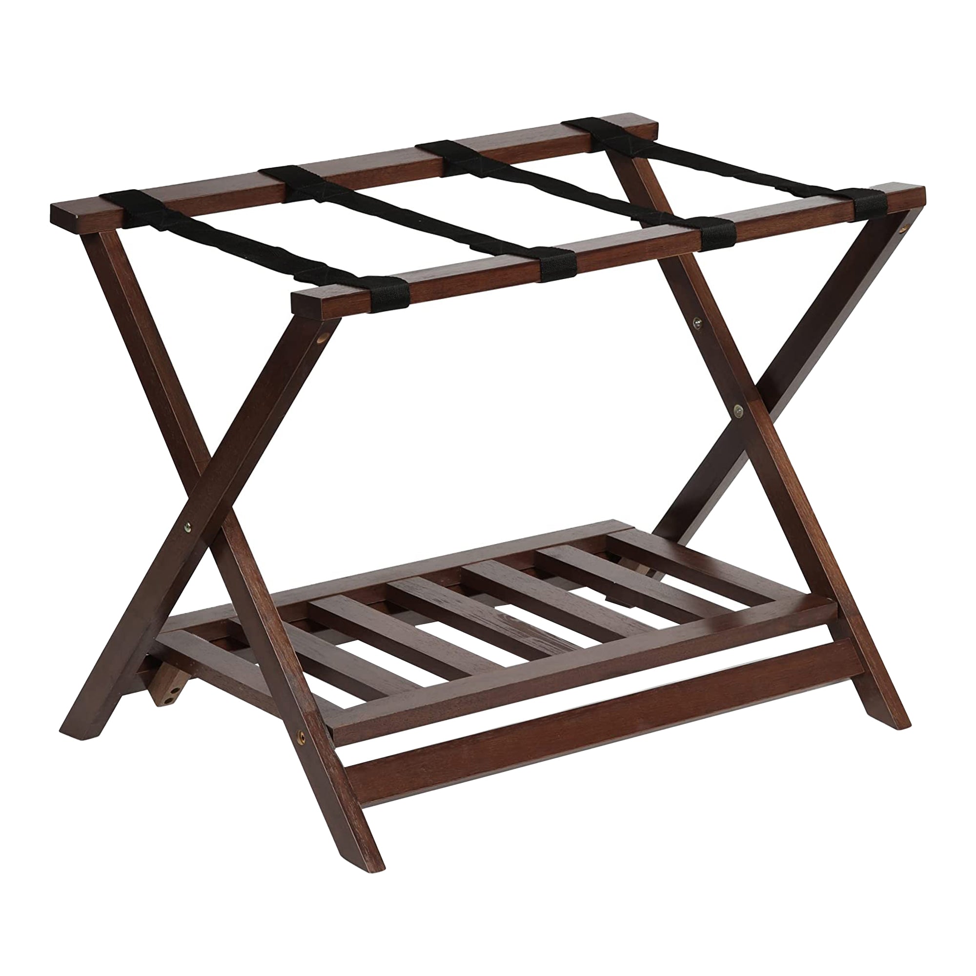 PJ Wood Hotel Style Home Folding Suitcase Luggage Rack w/Shelf, Walnut (2 Pack) - Smart-nests
