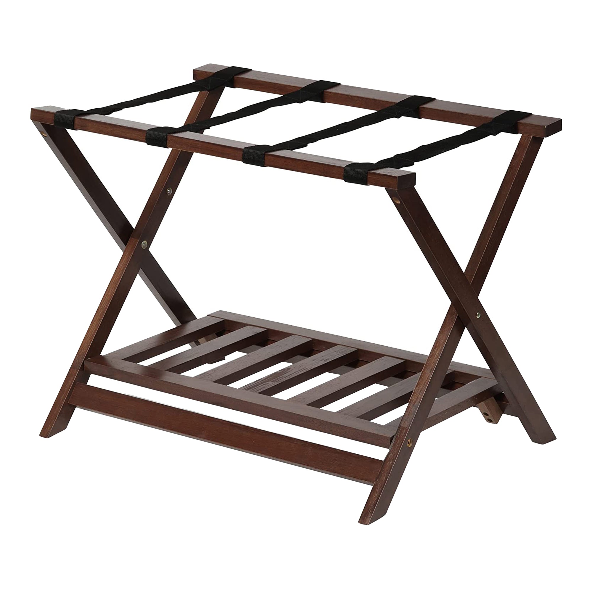 PJ Wood Hotel Style Home Folding Suitcase Luggage Rack w/Shelf, Walnut (2 Pack) - Smart-nests