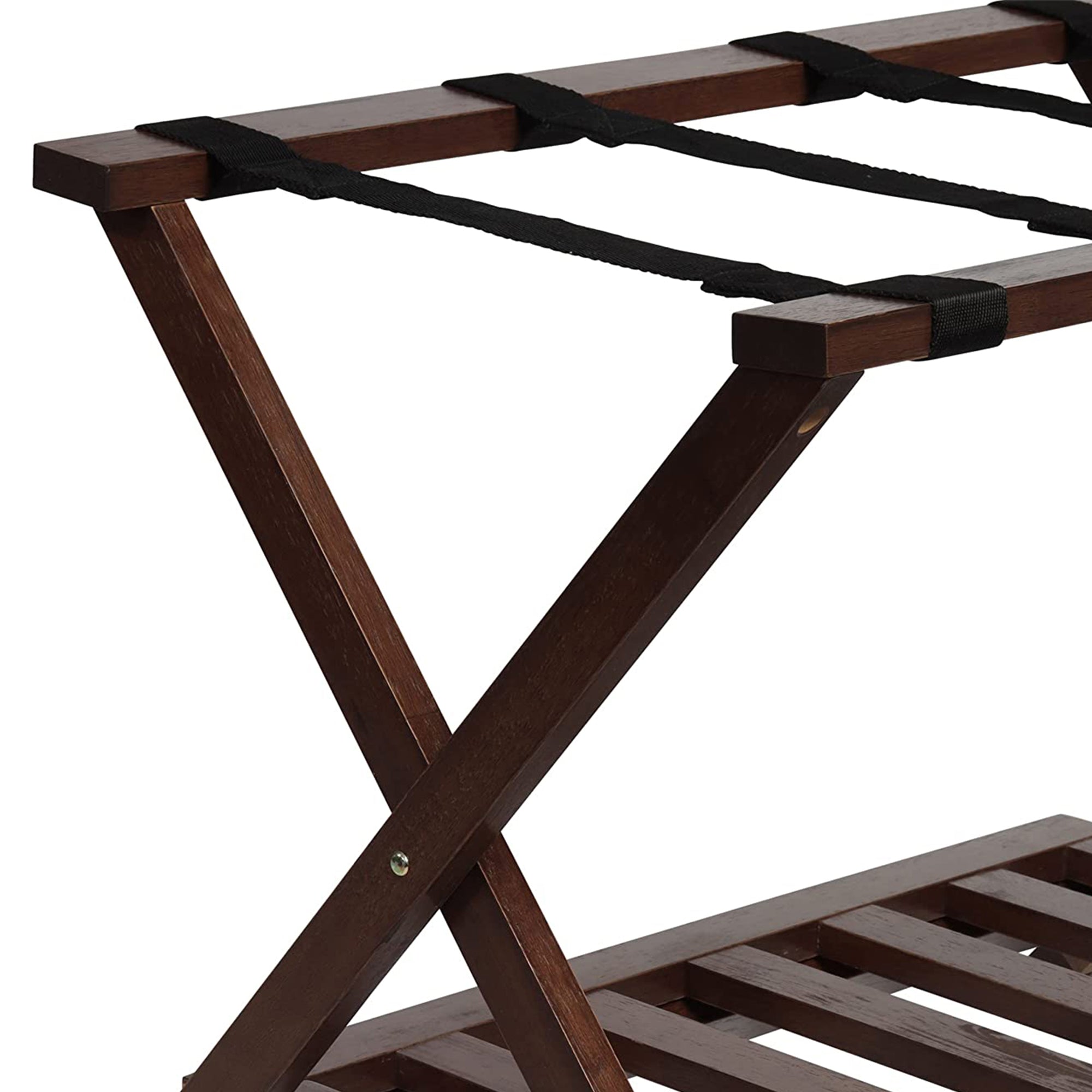 PJ Wood Hotel Style Home Folding Suitcase Luggage Rack w/Shelf, Walnut (2 Pack) - Smart-nests
