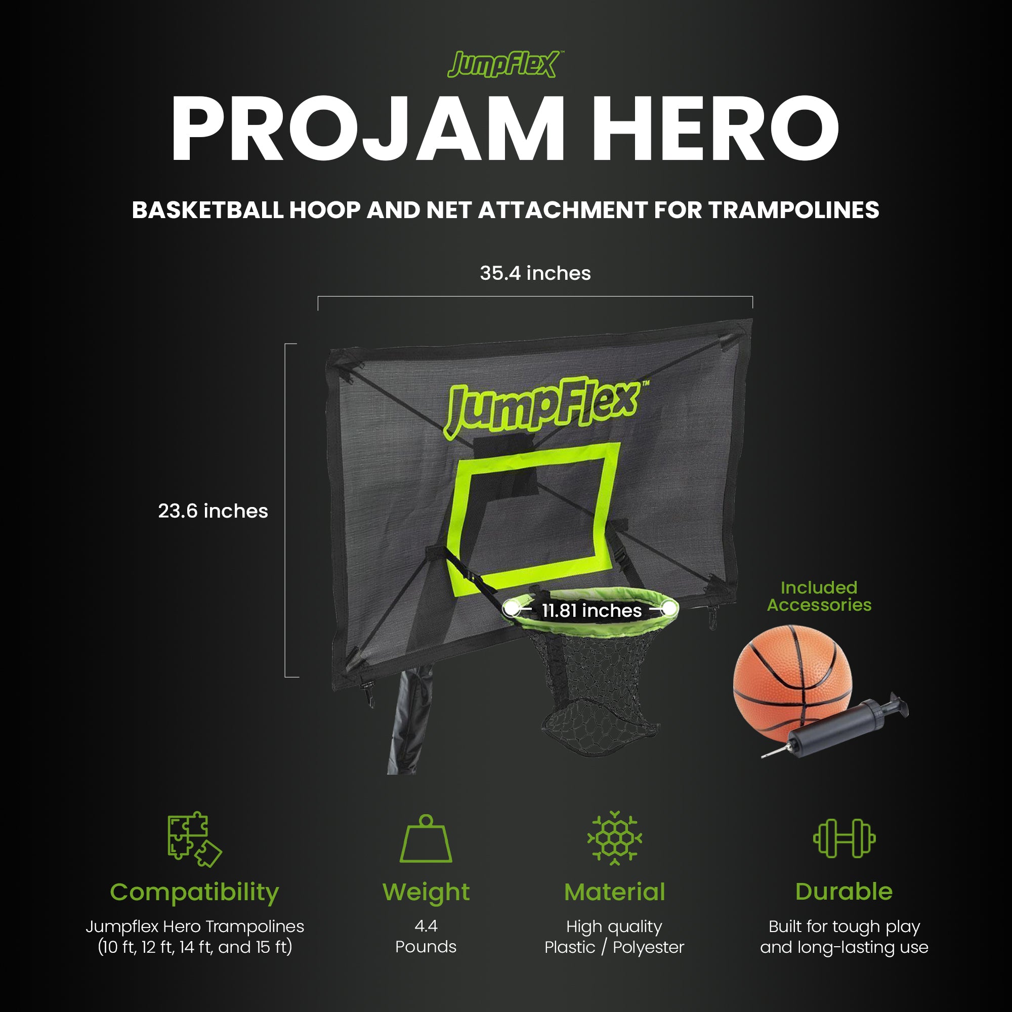 JumpFlex PROJAM Basketball Hoop and Net Attachment for JumpFlex HERO Trampolines - Smart-nests