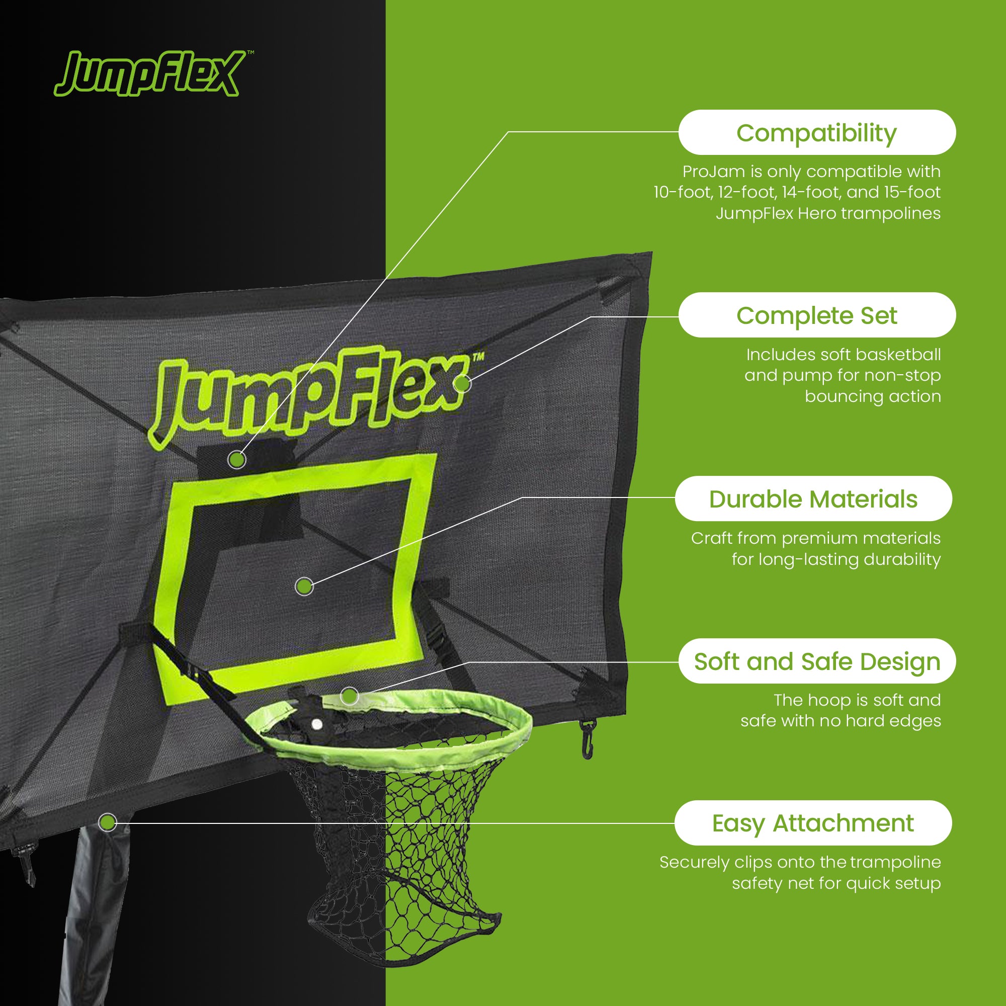 JumpFlex PROJAM Basketball Hoop and Net Attachment for JumpFlex HERO Trampolines - Smart-nests