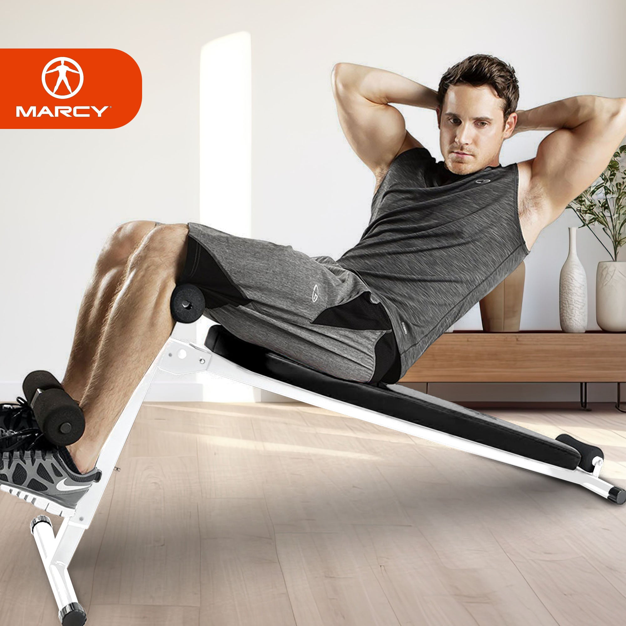 Marcy Folding Utility Bench Slant Board w/Headrest for Home Gym Exercise, White - Smart-nests