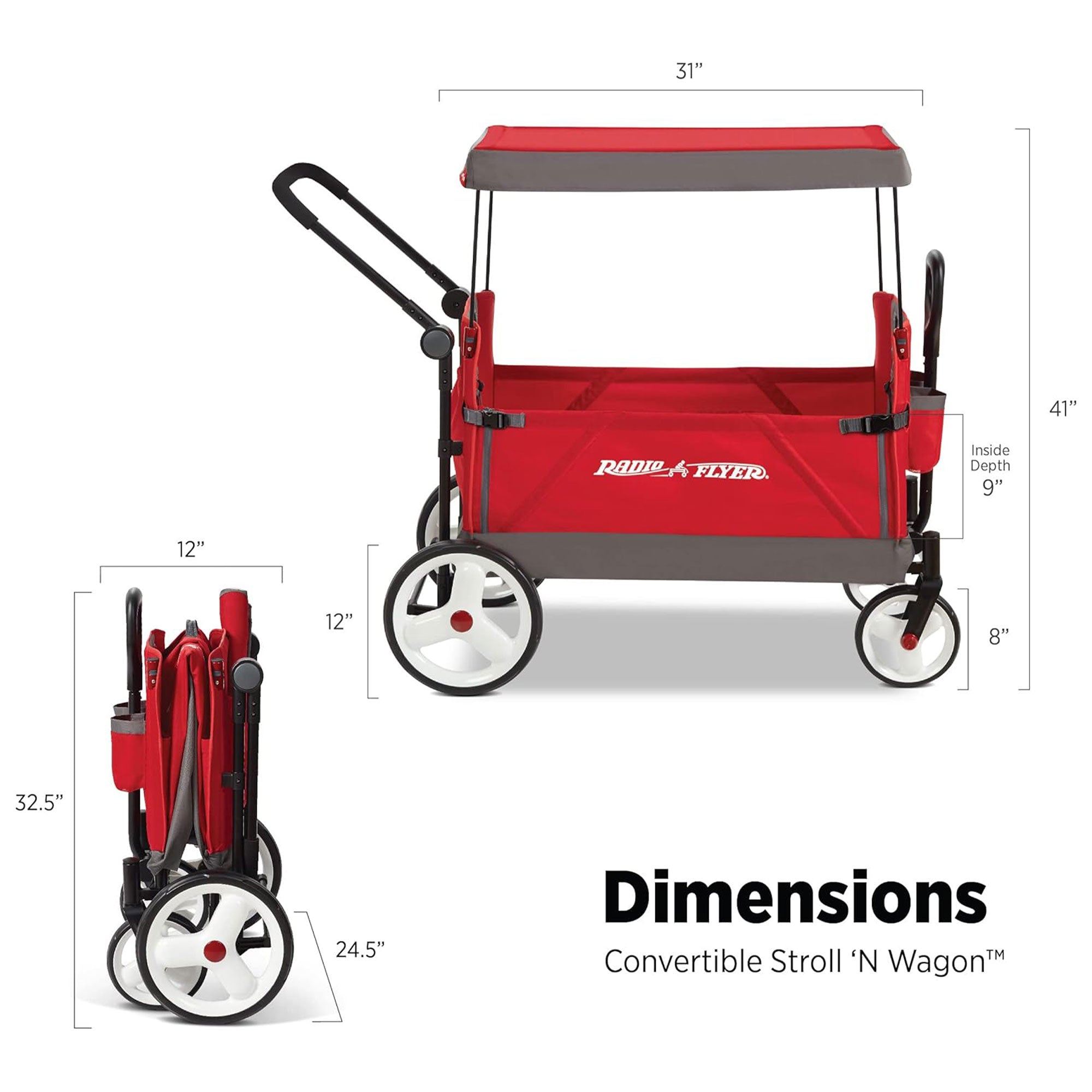 Radio Flyer Convertible Stroll N Wagon with Push and Pull Handle, Red/Black - Smart-nests