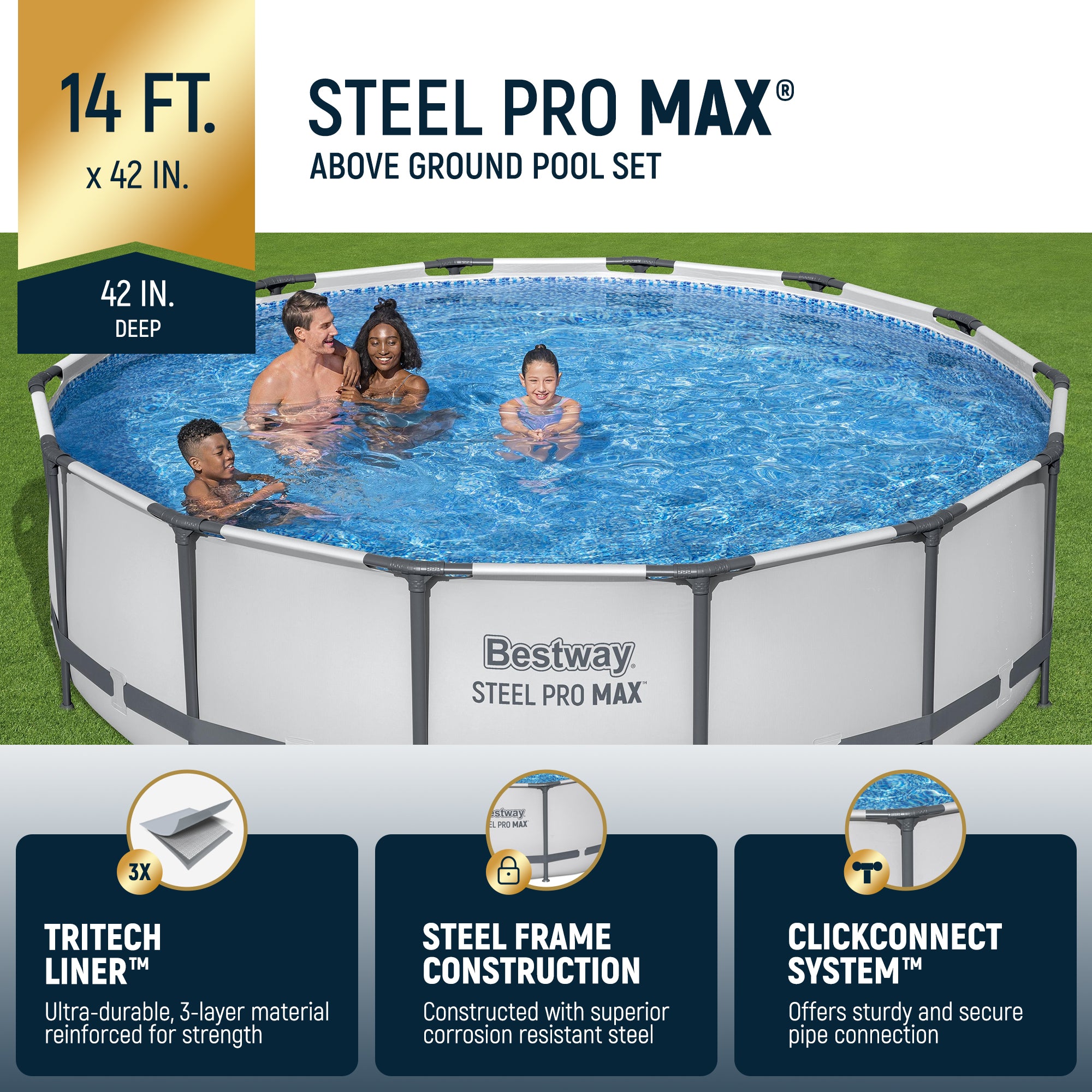 Bestway Steel Pro MAX 14' x 42" Above Ground Outdoor Swimming Pool Set, Gray - Smart-nests