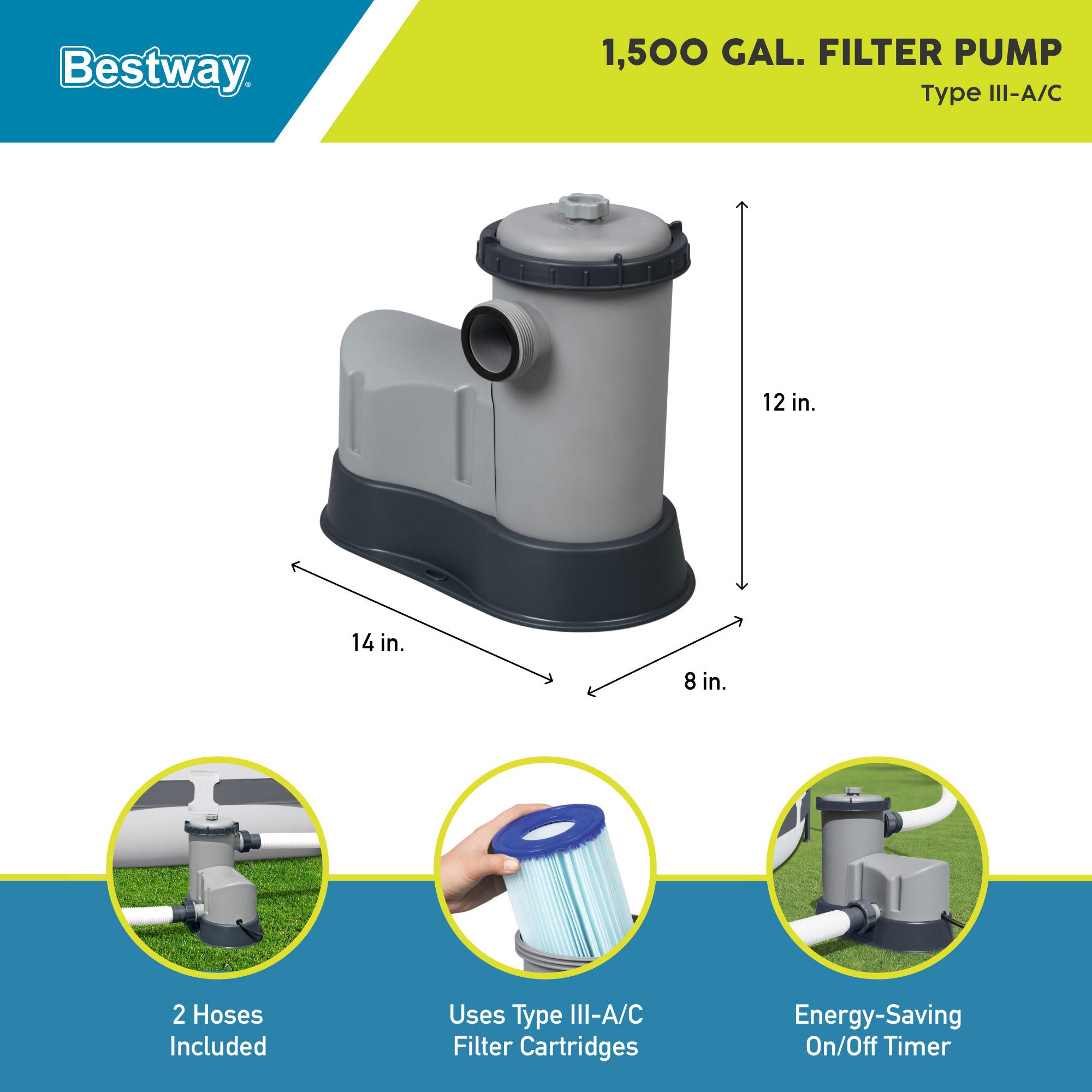 Bestway Flowclear 1,500 GPH 120V Above Ground Swimming Pool Water Filter Pump - Smart-nests
