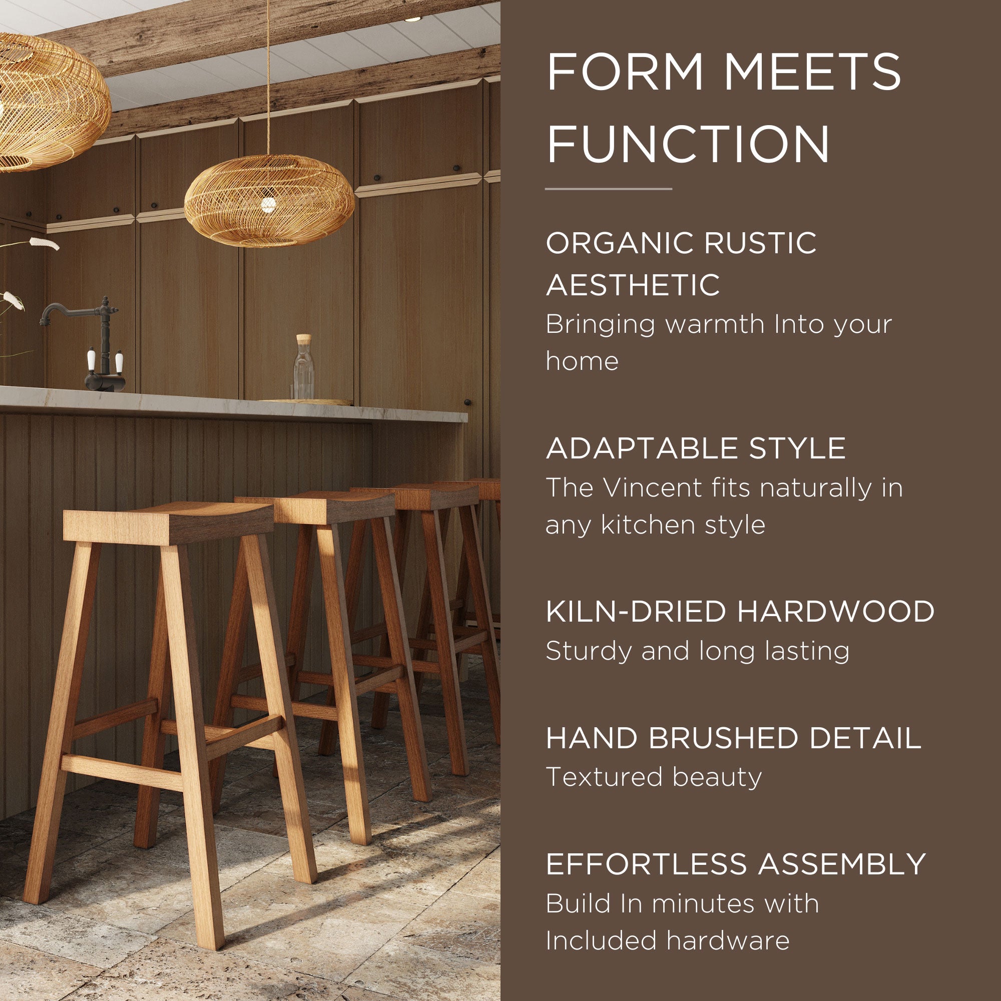 Maven Lane Vincent Wooden Rustic Aesthetic Kitchen Bar Stool, Set of 3 - Smart-nests