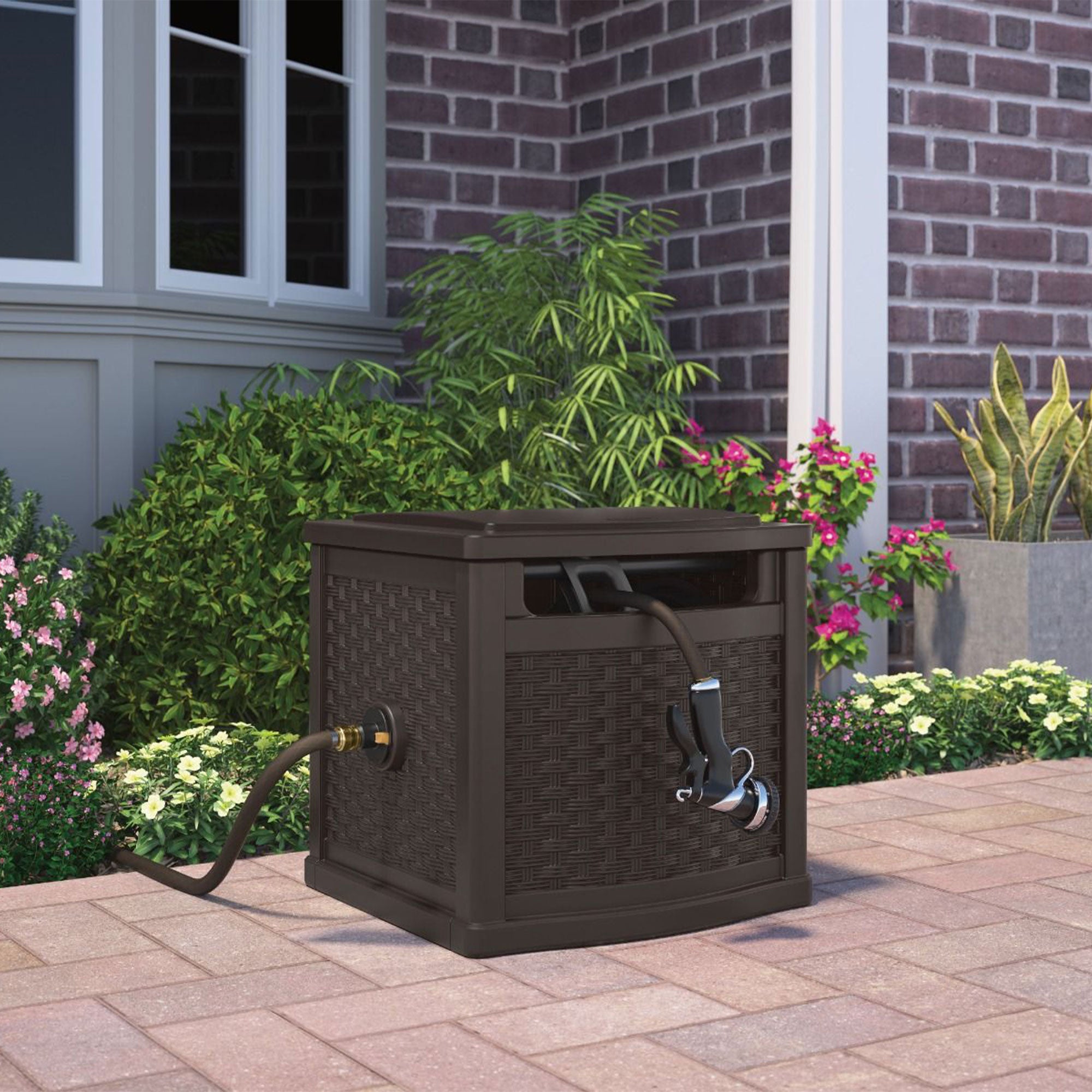 Suncast 150 Foot Slide Trak Outdoor Garden Water Hose Hideaway for Patio, Java - Smart-nests