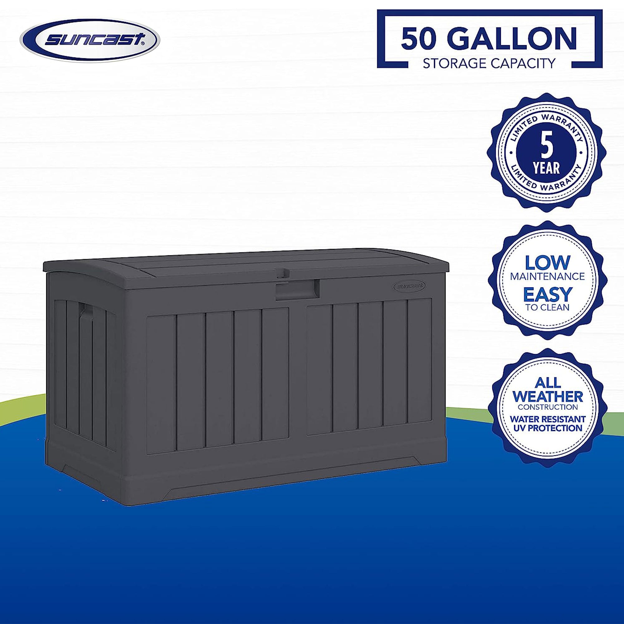 Suncast 50 Gallon Medium Resin Outdoor Storage Deck Box with Lid, Peppercorn - Smart-nests