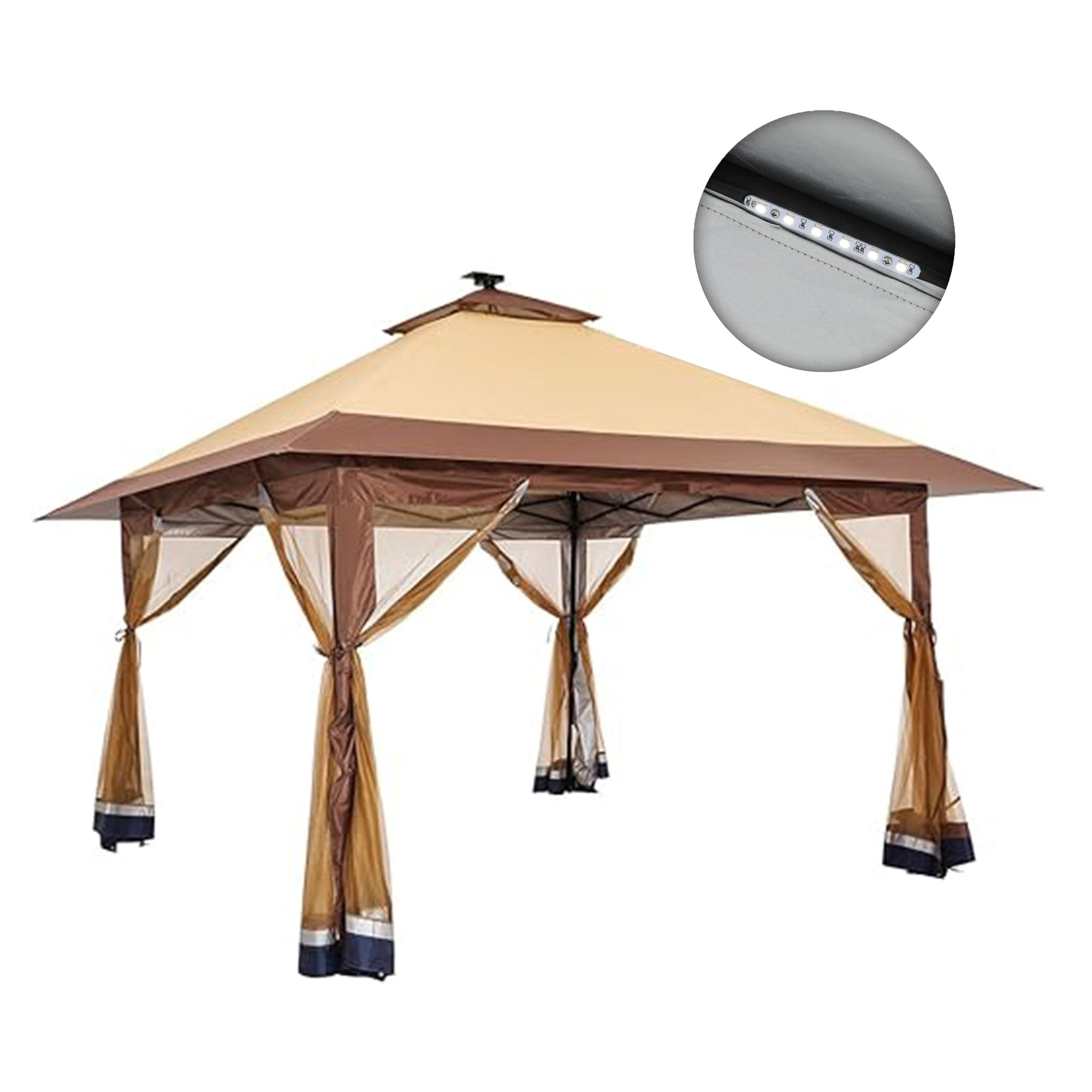 Suntime 12x12 Instant Pop Up Gazebo Solar Light Screen Canopy Tent Cover, Brown - Smart-nests
