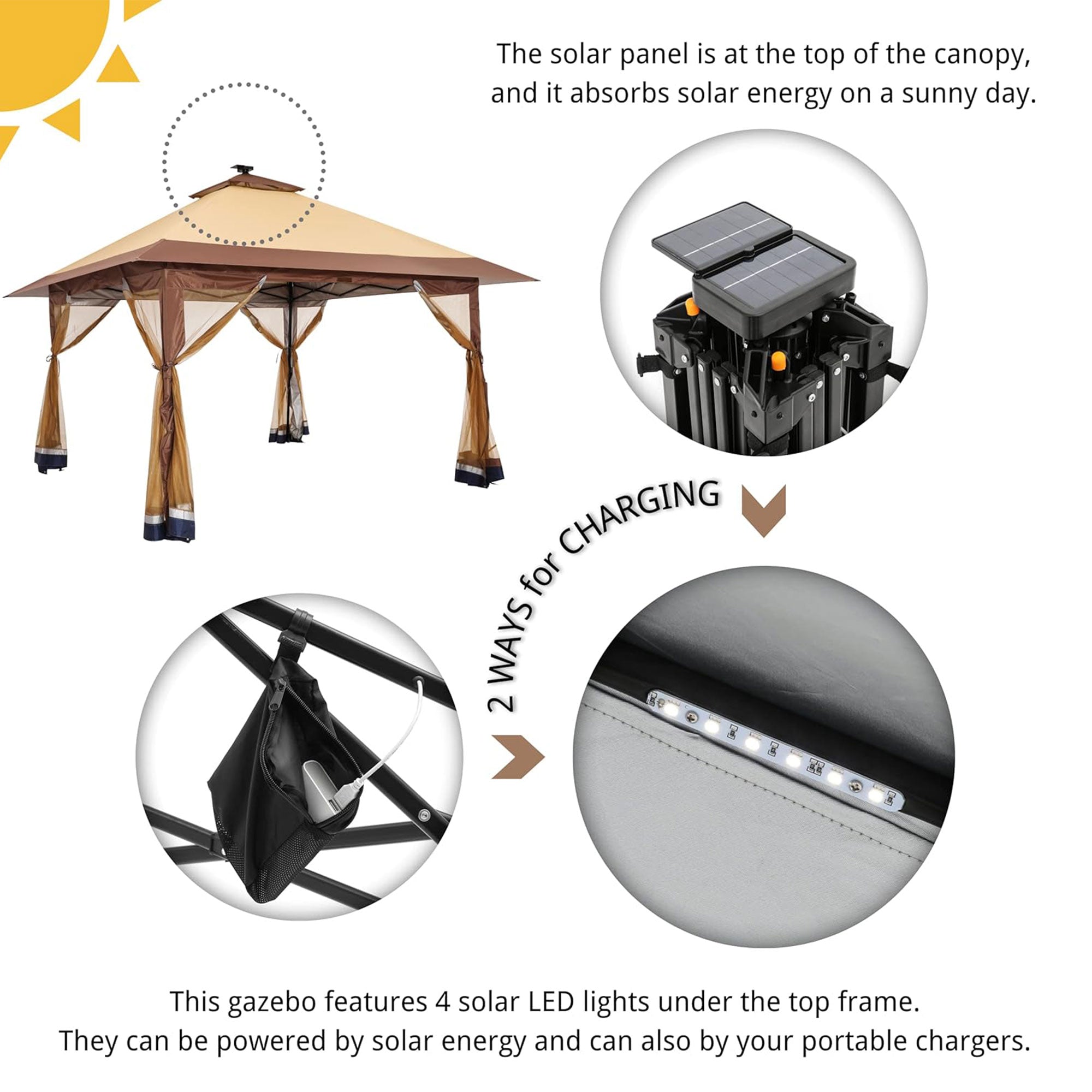 Suntime 12x12 Instant Pop Up Gazebo Solar Light Screen Canopy Tent Cover, Brown - Smart-nests