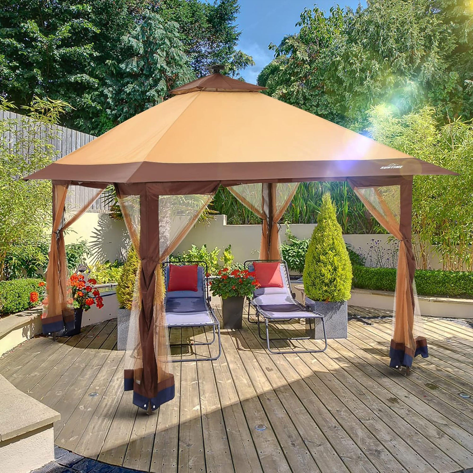 Suntime 12x12 Instant Pop Up Gazebo Solar Light Screen Canopy Tent Cover, Brown - Smart-nests
