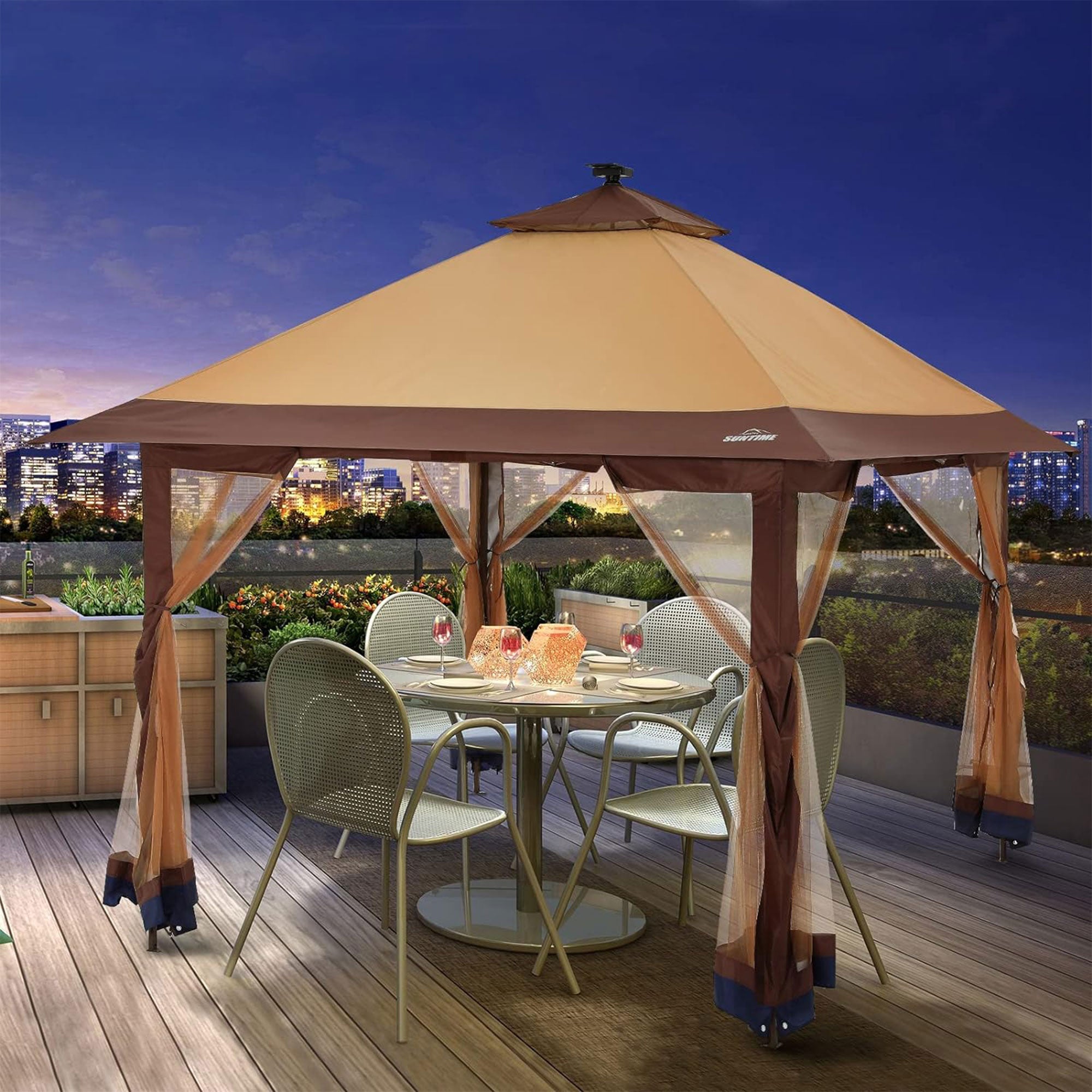 Suntime 12x12 Instant Pop Up Gazebo Solar Light Screen Canopy Tent Cover, Brown - Smart-nests