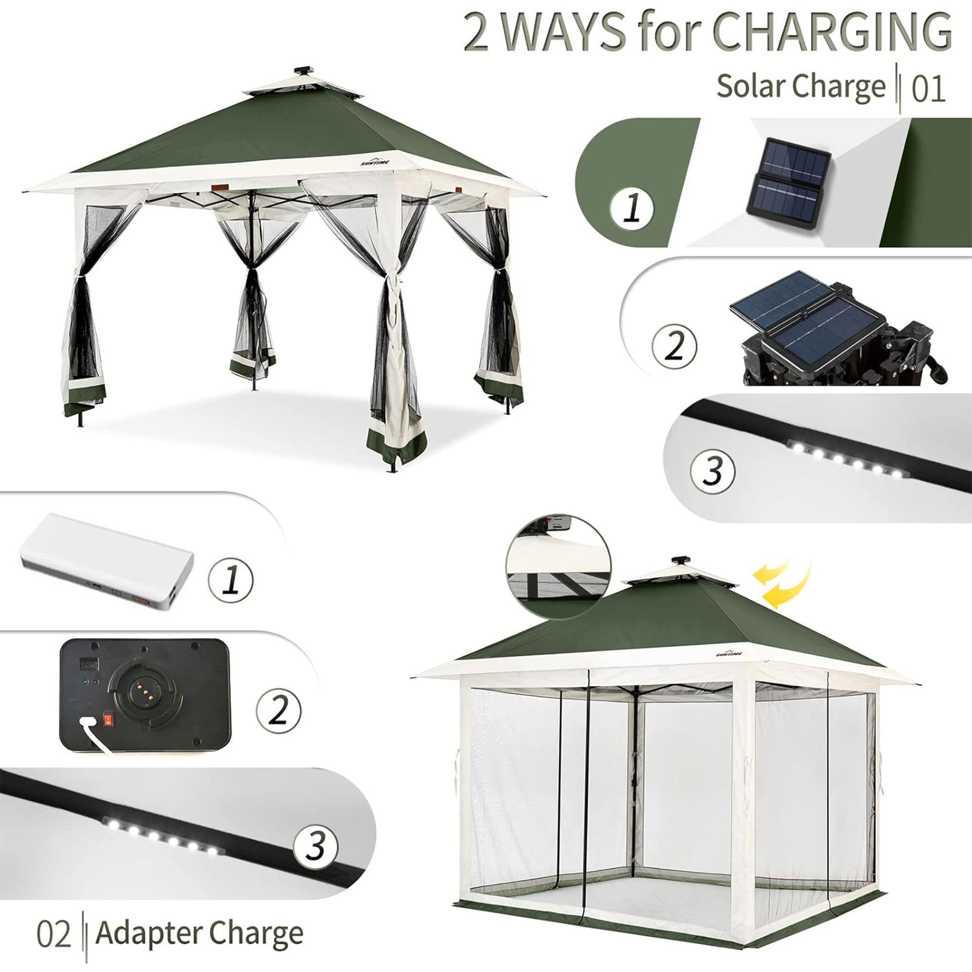 Suntime 12x12 Instant Pop Up Gazebo Solar Light Screen Canopy Tent Cover, Green - Smart-nests