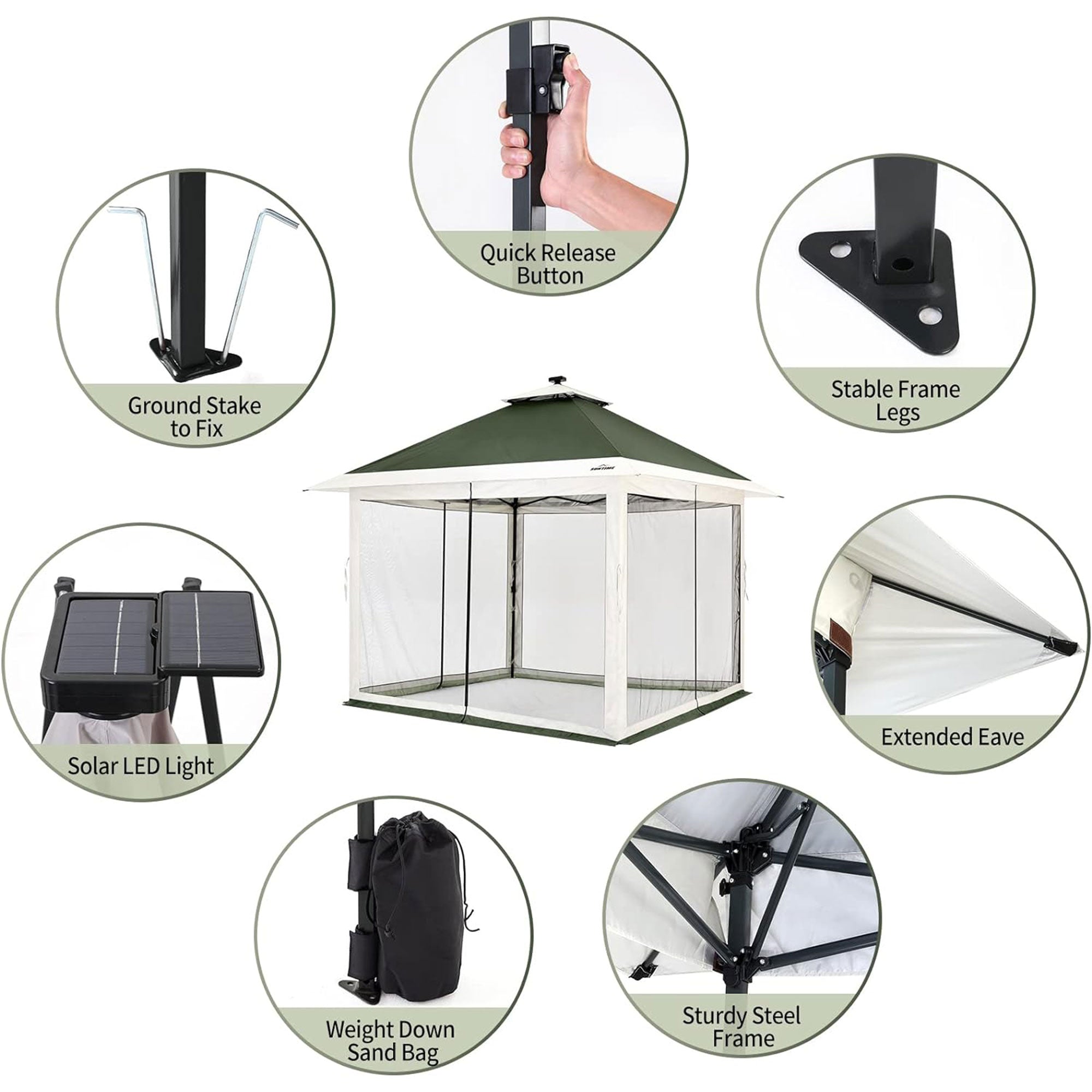 Suntime 12x12 Instant Pop Up Gazebo Solar Light Screen Canopy Tent Cover, Green - Smart-nests