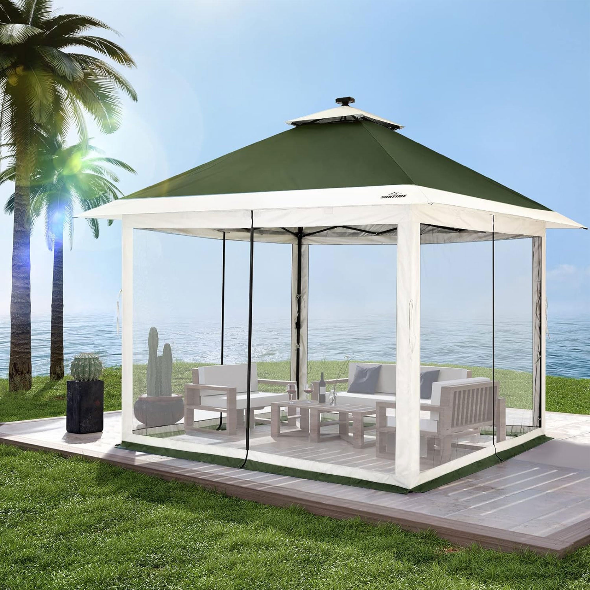 Suntime 12x12 Instant Pop Up Gazebo Solar Light Screen Canopy Tent Cover, Green - Smart-nests