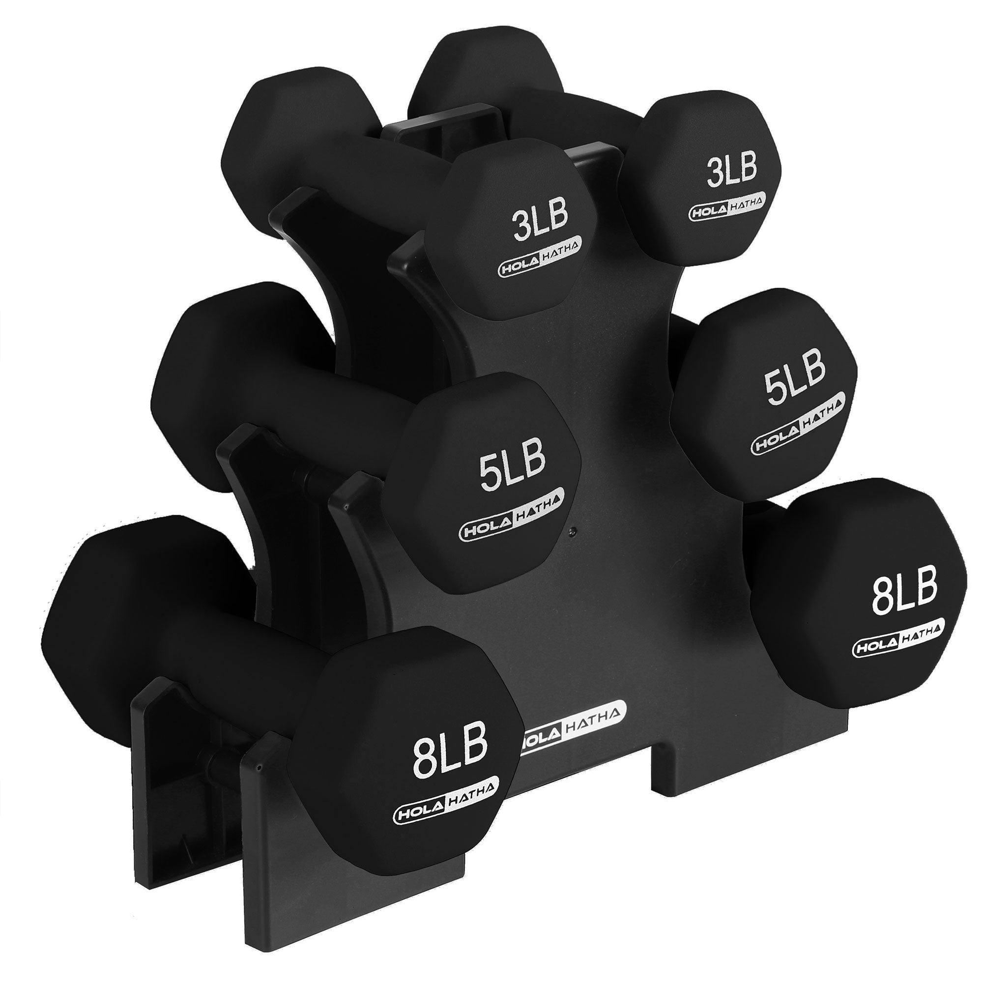 HolaHatha 3, 5 & 8 Pound Hex Dumbbell Hand Weight Set with Storage Rack, Black - Smart-nests