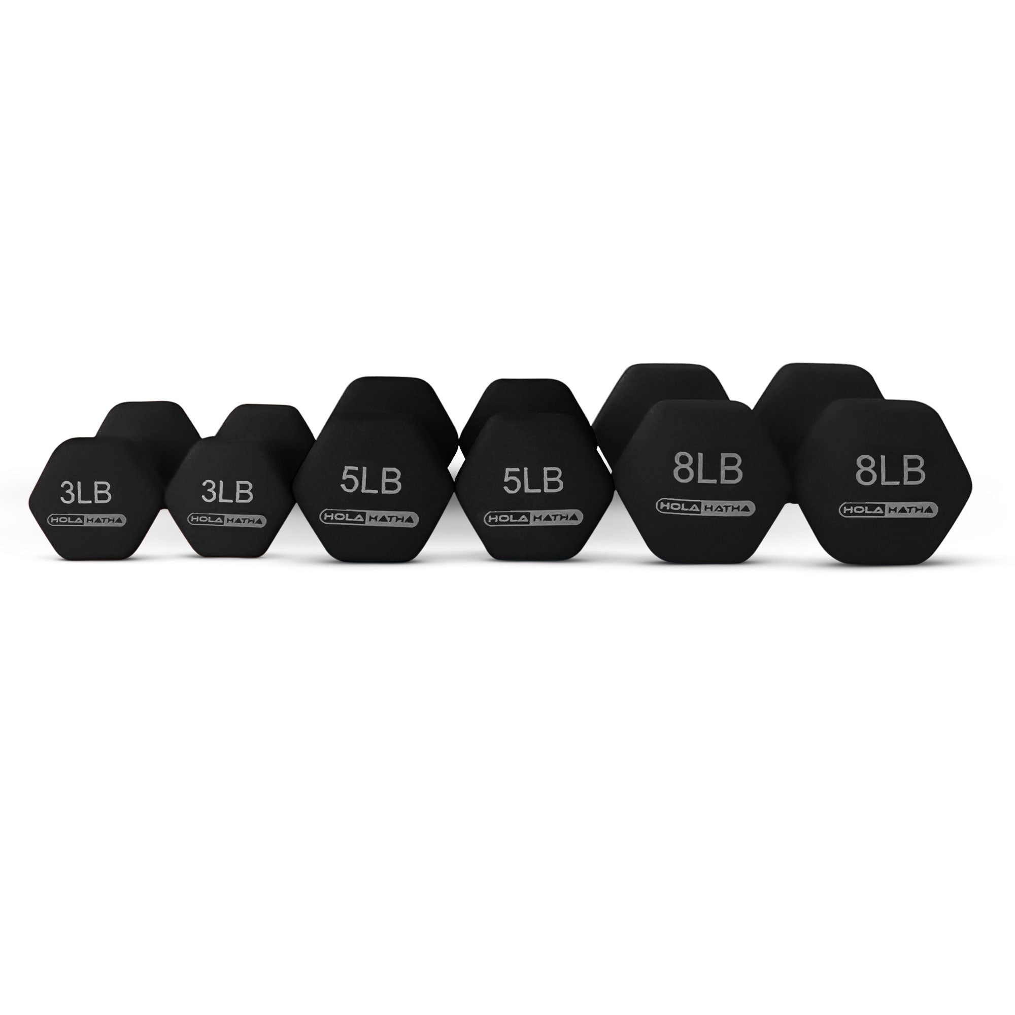 HolaHatha 3, 5 & 8 Pound Hex Dumbbell Hand Weight Set with Storage Rack, Black - Smart-nests