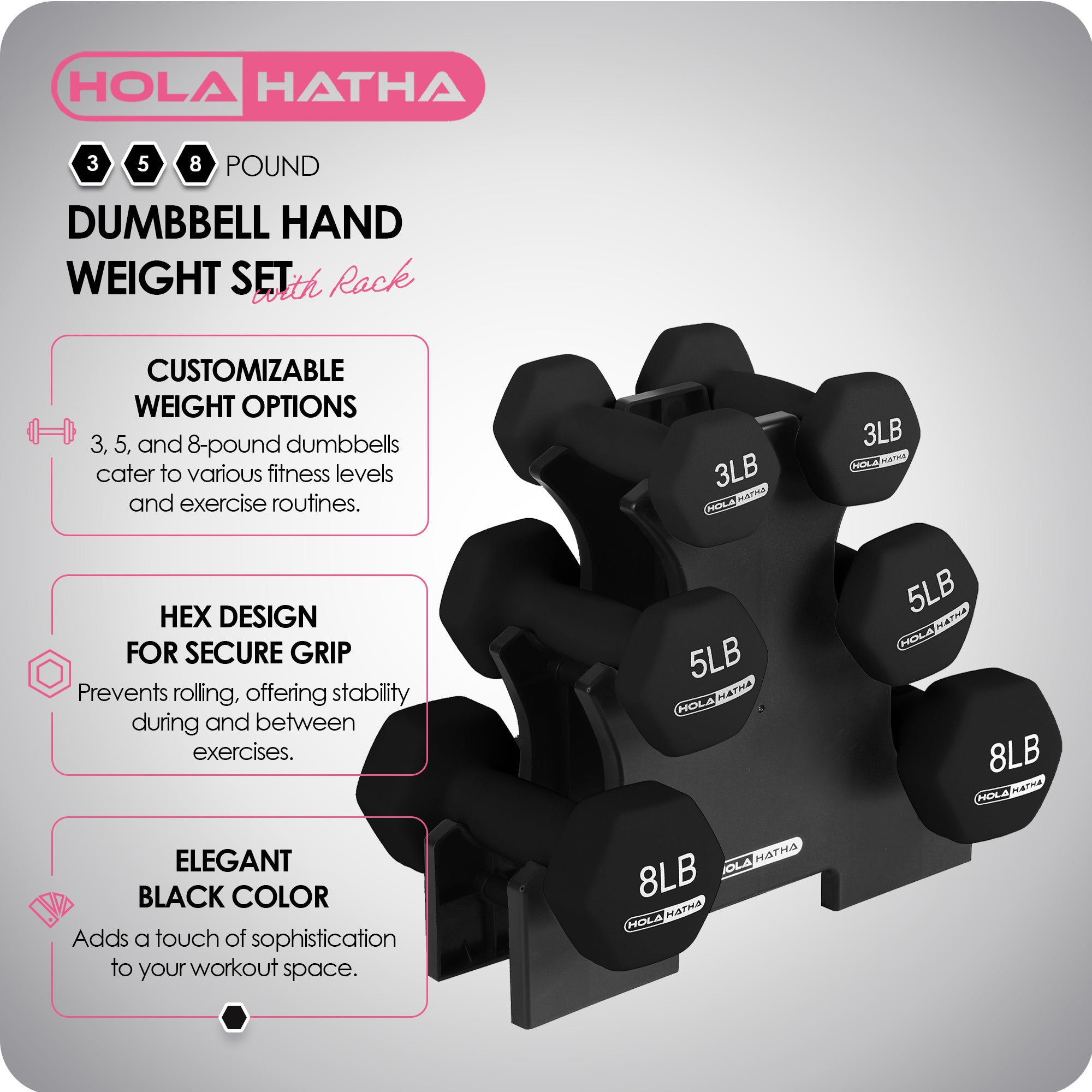 HolaHatha 3, 5 & 8 Pound Hex Dumbbell Hand Weight Set with Storage Rack, Black - Smart-nests
