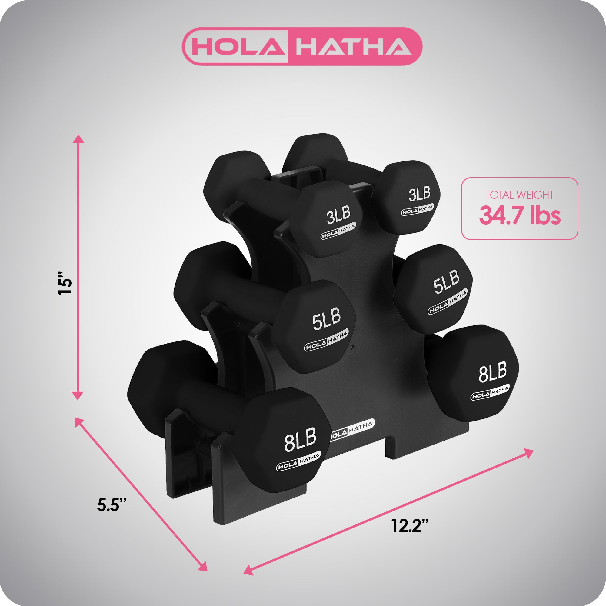 HolaHatha 3, 5 & 8 Pound Hex Dumbbell Hand Weight Set with Storage Rack, Black - Smart-nests