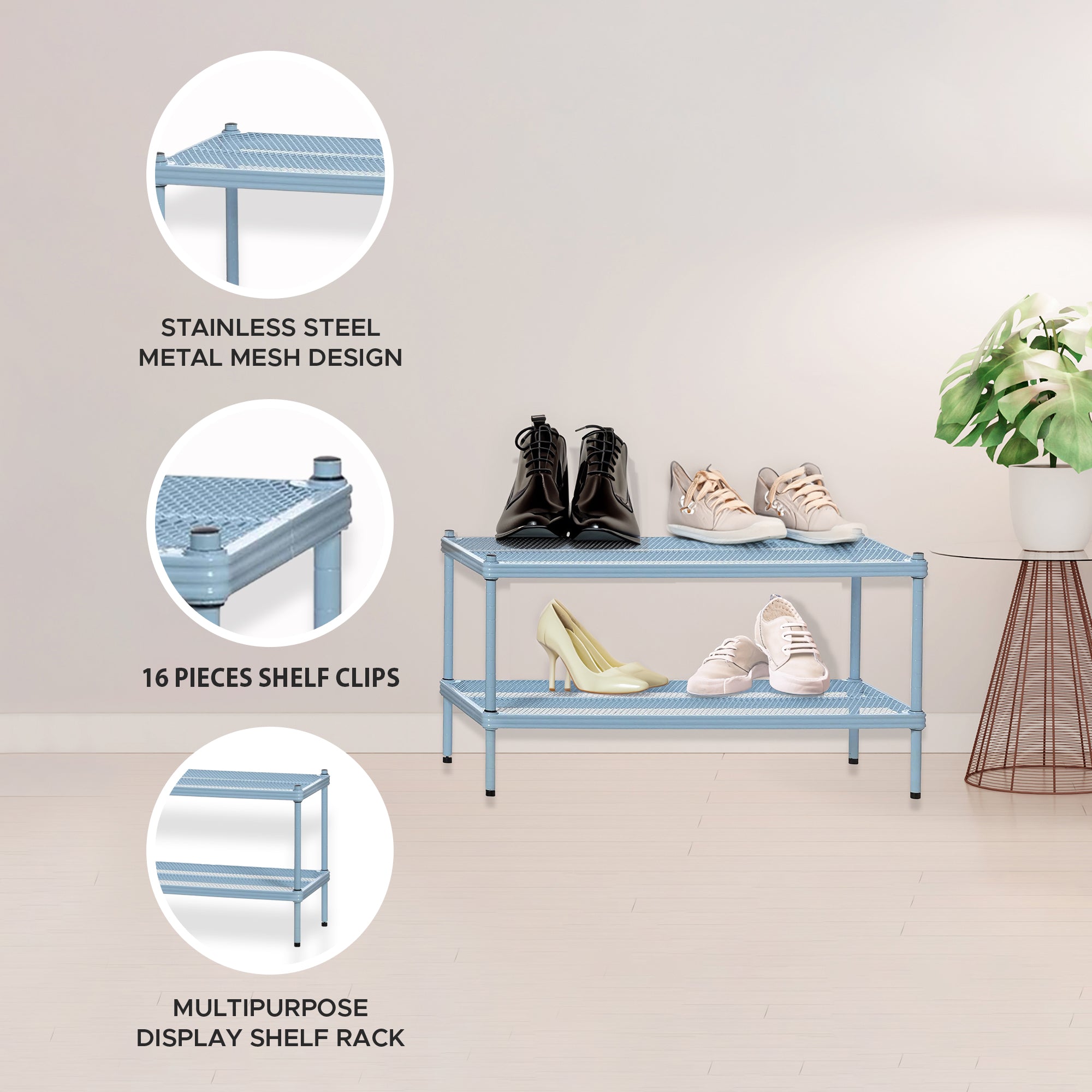 Design Ideas MeshWorks 2 Tier Full Metal Storage Shelving Unit Rack, Sky Blue - Smart-nests