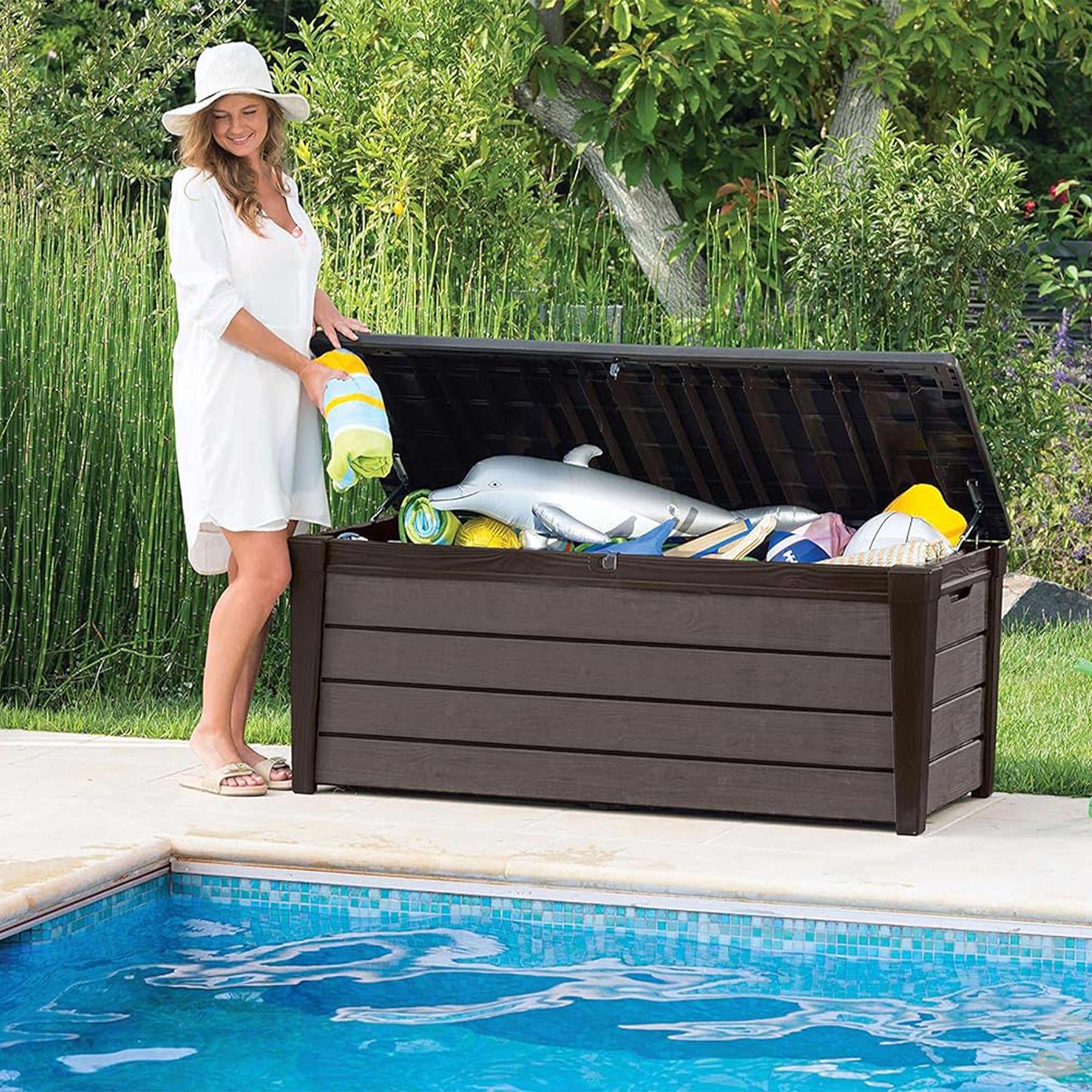 Keter Brushwood 120 Gallon Resin Outdoor Deck Storage Box for Yard Tools, Brown - Smart-nests