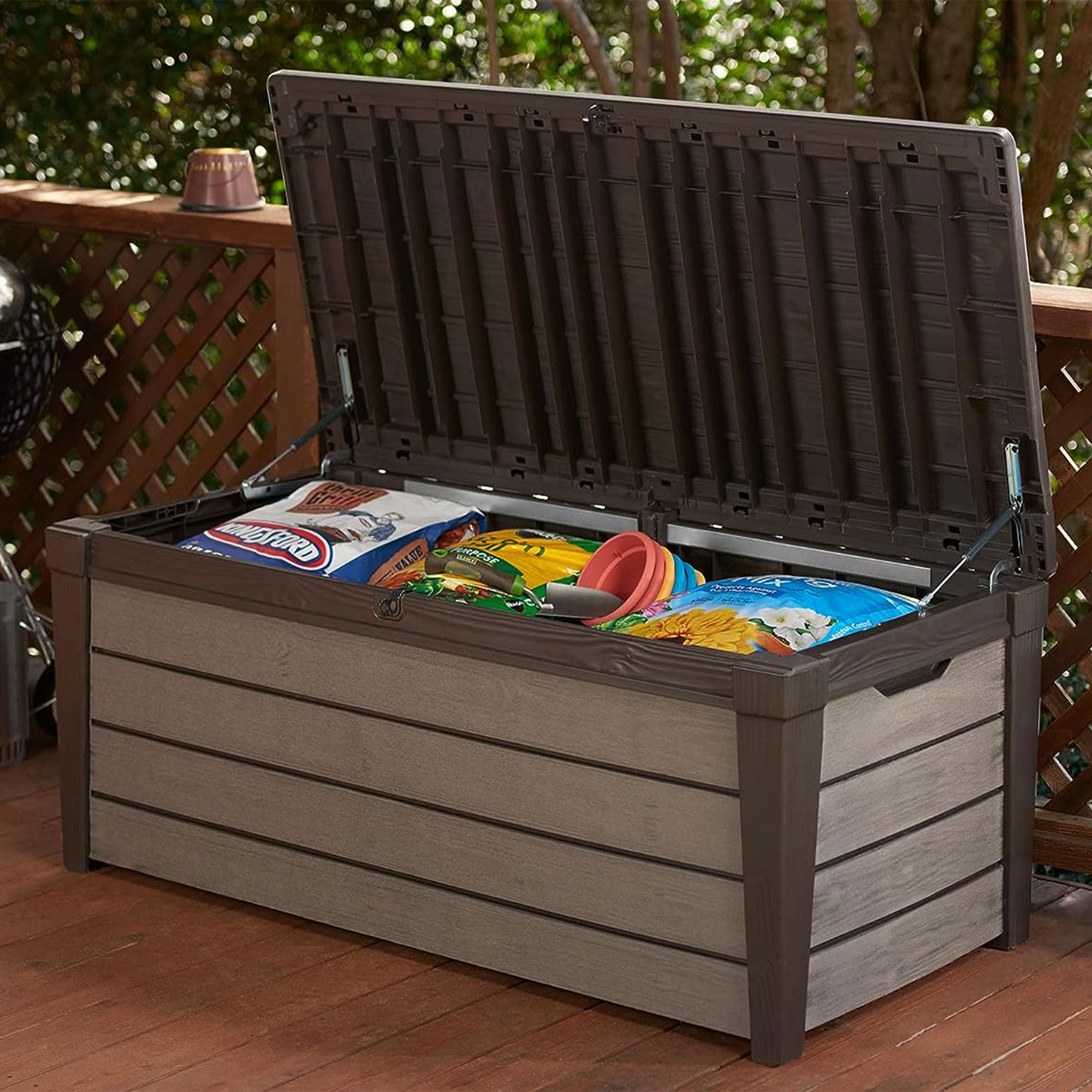 Keter Brushwood 120 Gallon Resin Outdoor Deck Storage Box for Yard Tools, Brown - Smart-nests