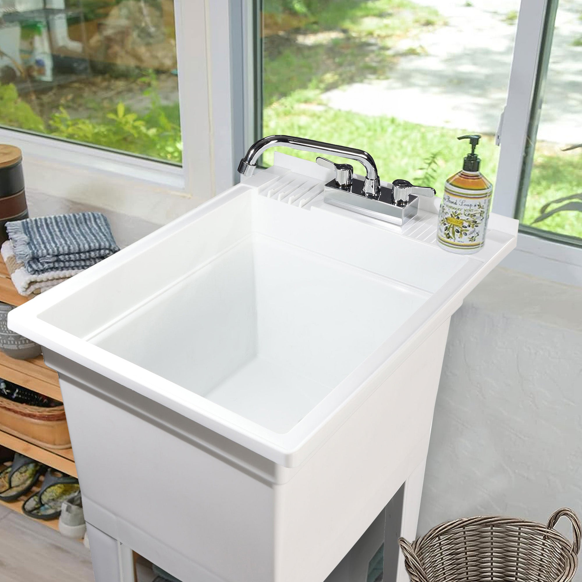 UTILITYSINKS Plastic 18” Freestanding Utility Tub Sink with Swing Faucet, White - Smart-nests