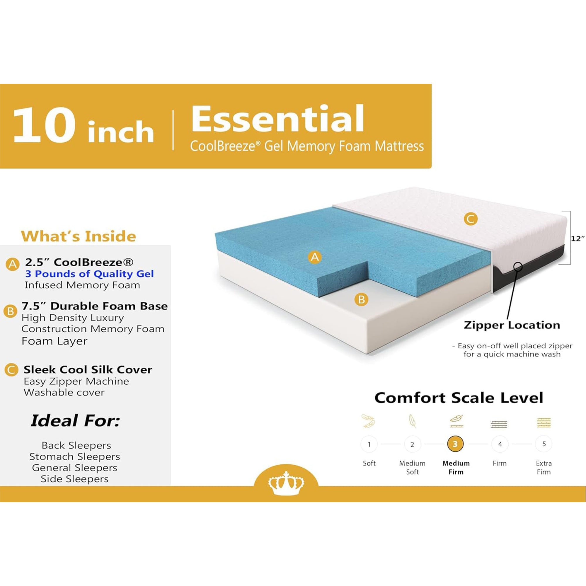 Dynasty Mattress 10 Inch CoolBreeze Gel Memory Foam Mattress with Cover, King - Smart-nests