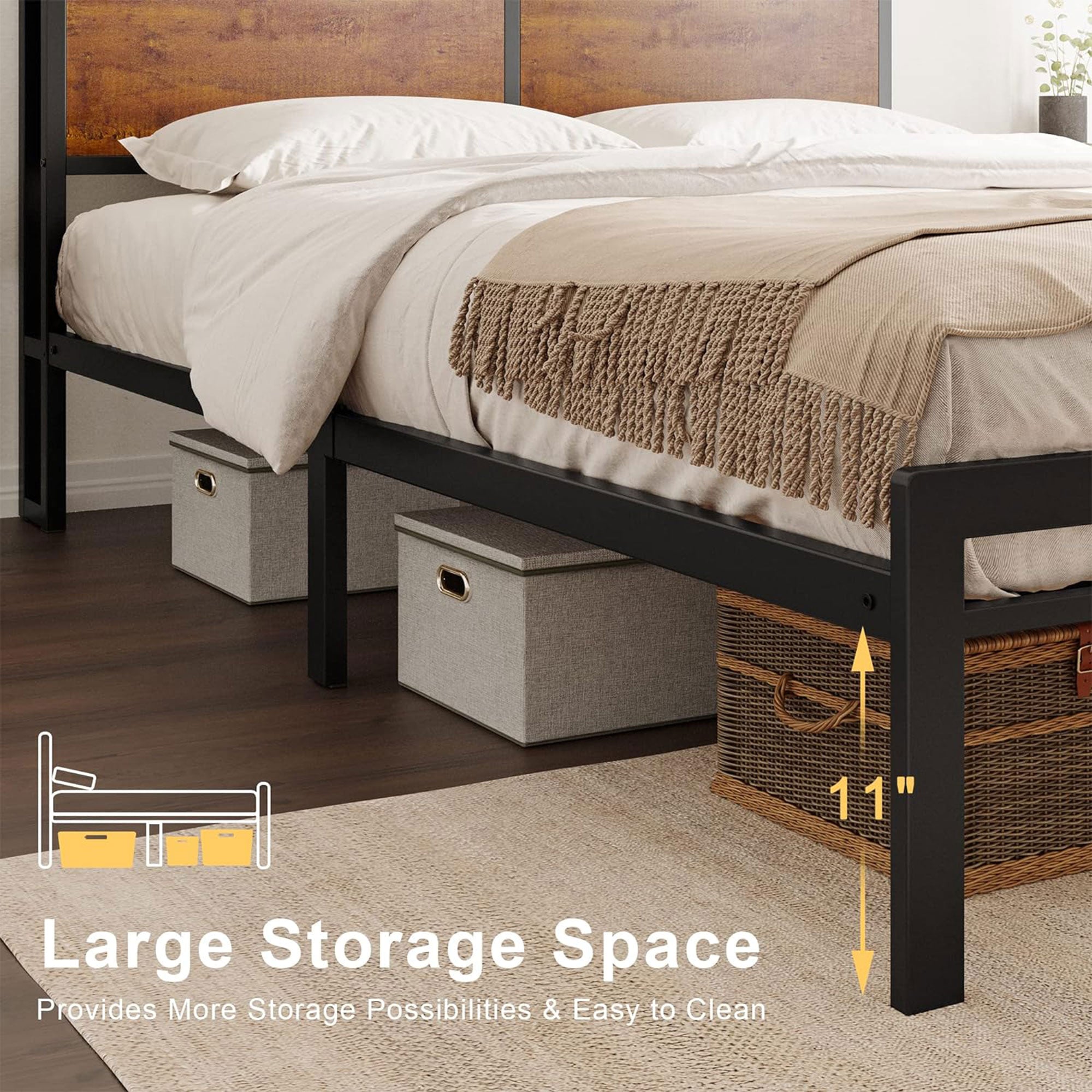 HAUSOURCE Queen Bed Frame with Storage Headboard Metal Platform Bed with Stopper - Smart-nests