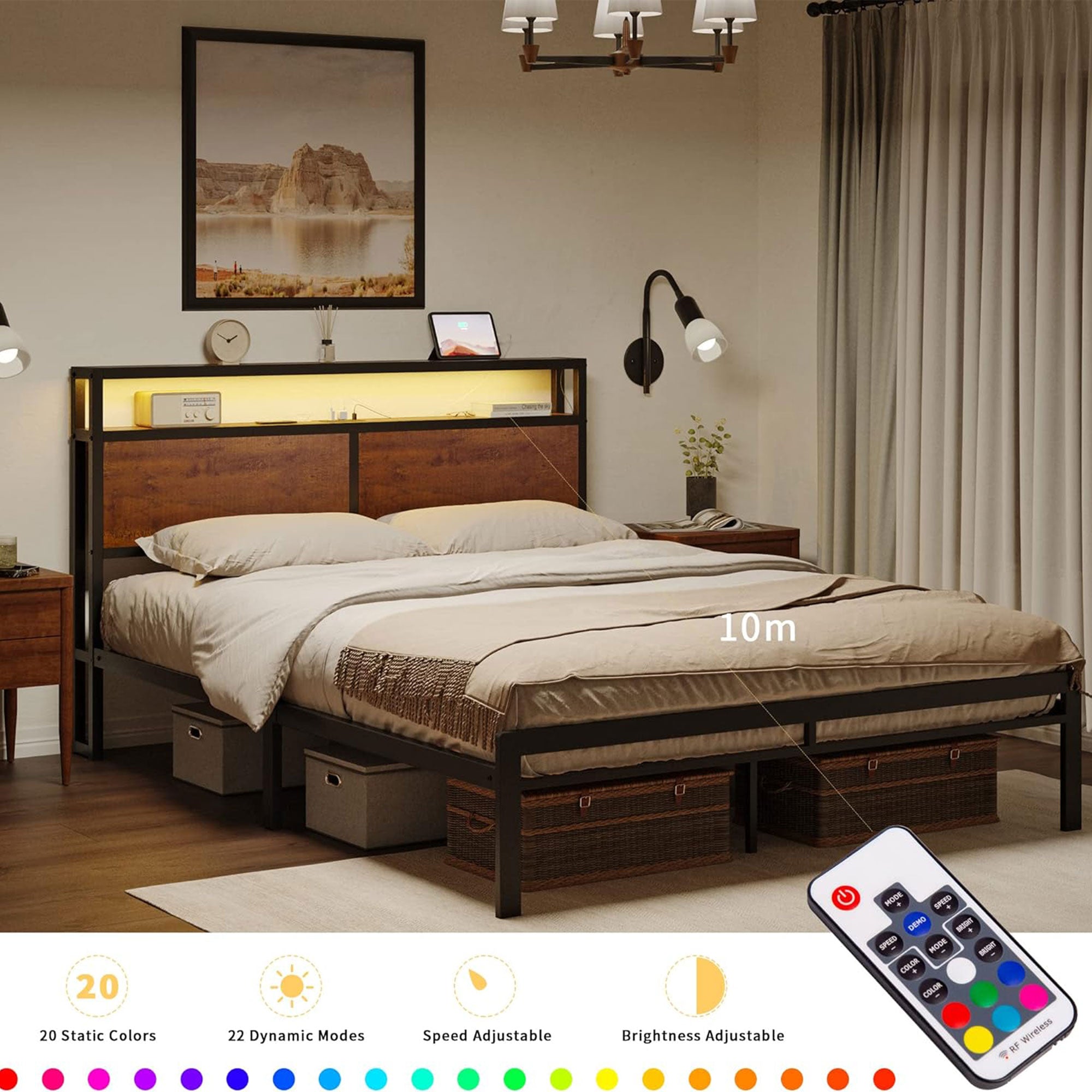 HAUSOURCE Queen Bed Frame with Storage Headboard Metal Platform Bed with Stopper - Smart-nests