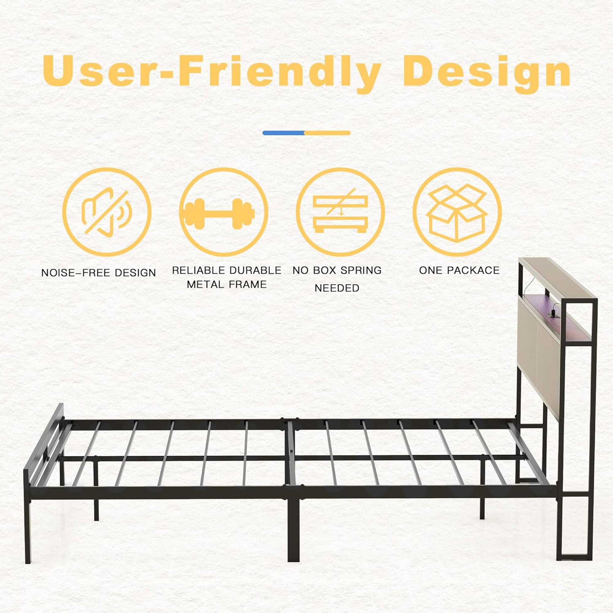 HAUSOURCE Full Bed Frame with Storage Headboard and Metal Platform Bed for Rooms - Smart-nests