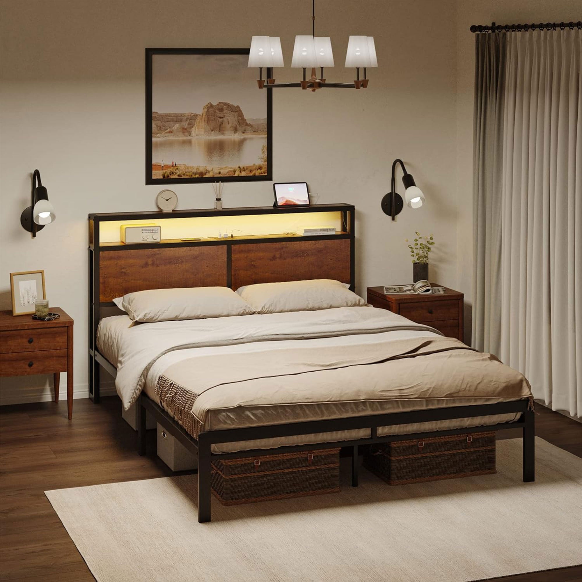 HAUSOURCE Full Bed Frame with Storage Headboard and Metal Platform Bed for Rooms - Smart-nests