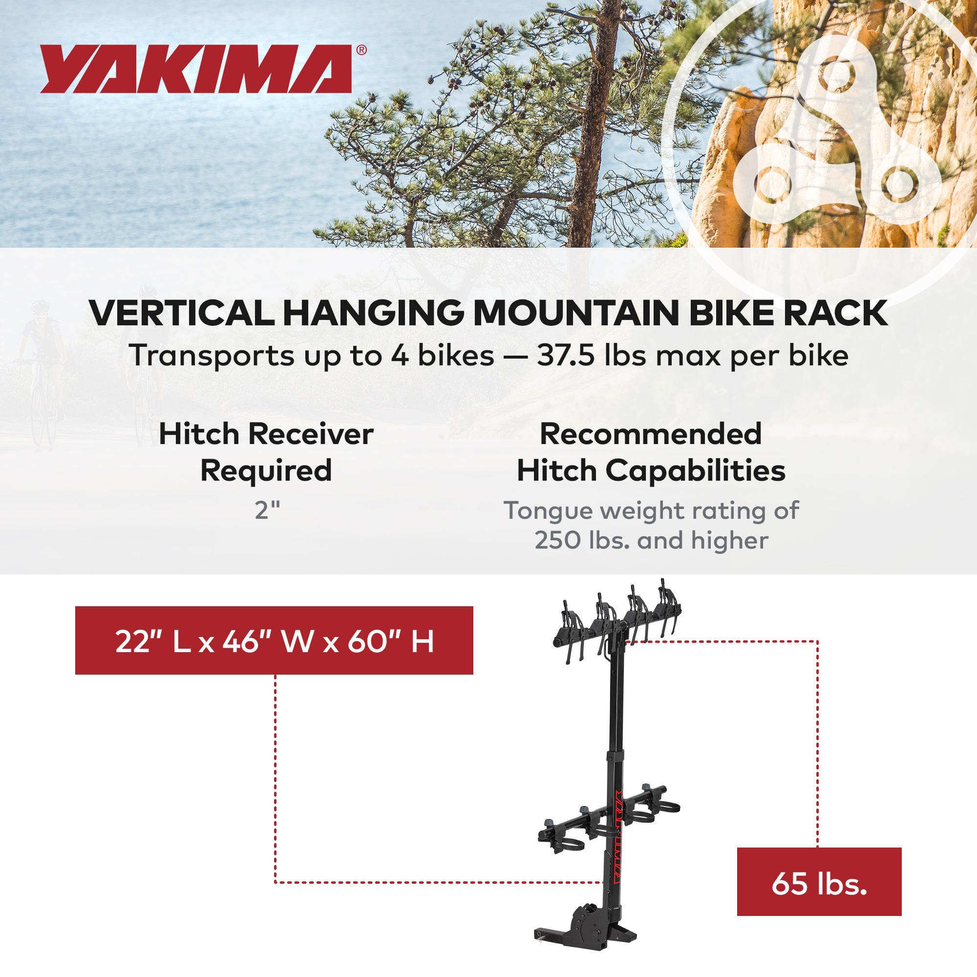 Yakima HangOver 4 Adjustable Vertical Steel Mountain Bike Hitch Rack for 4 Bikes - Smart-nests